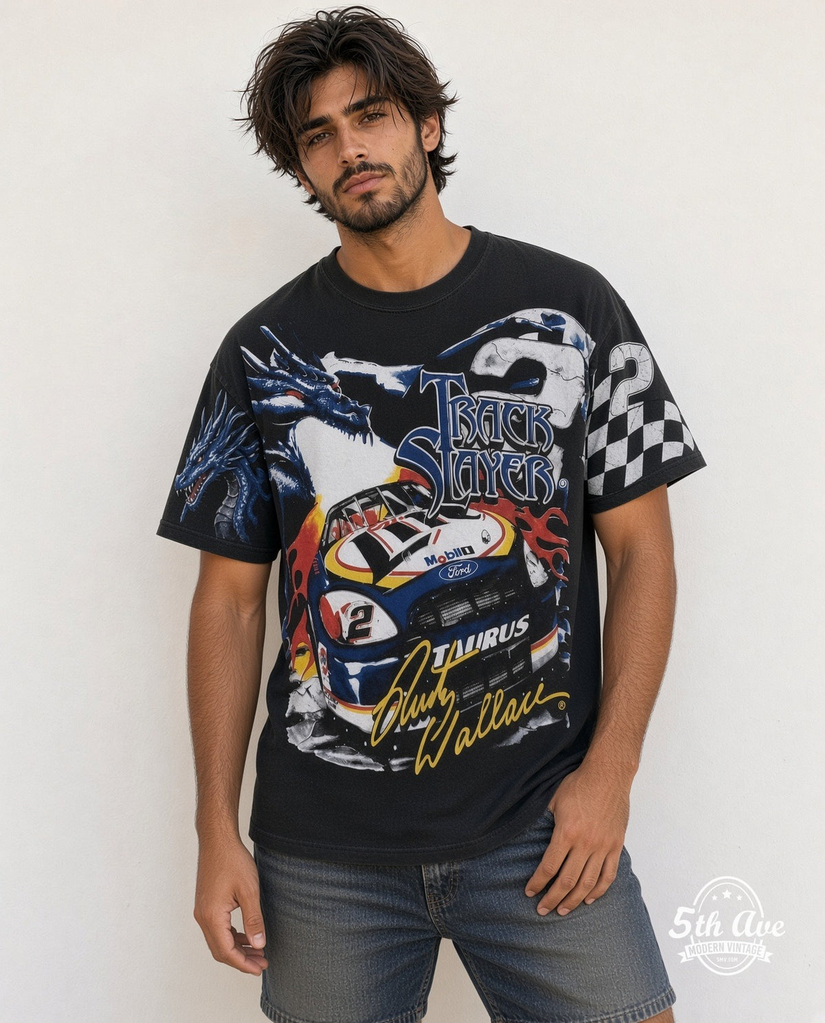 Model wearing the NASCAR Rusty Wallace #2 Track Slayer Dragon all-over-print NASCAR t-shirt in black