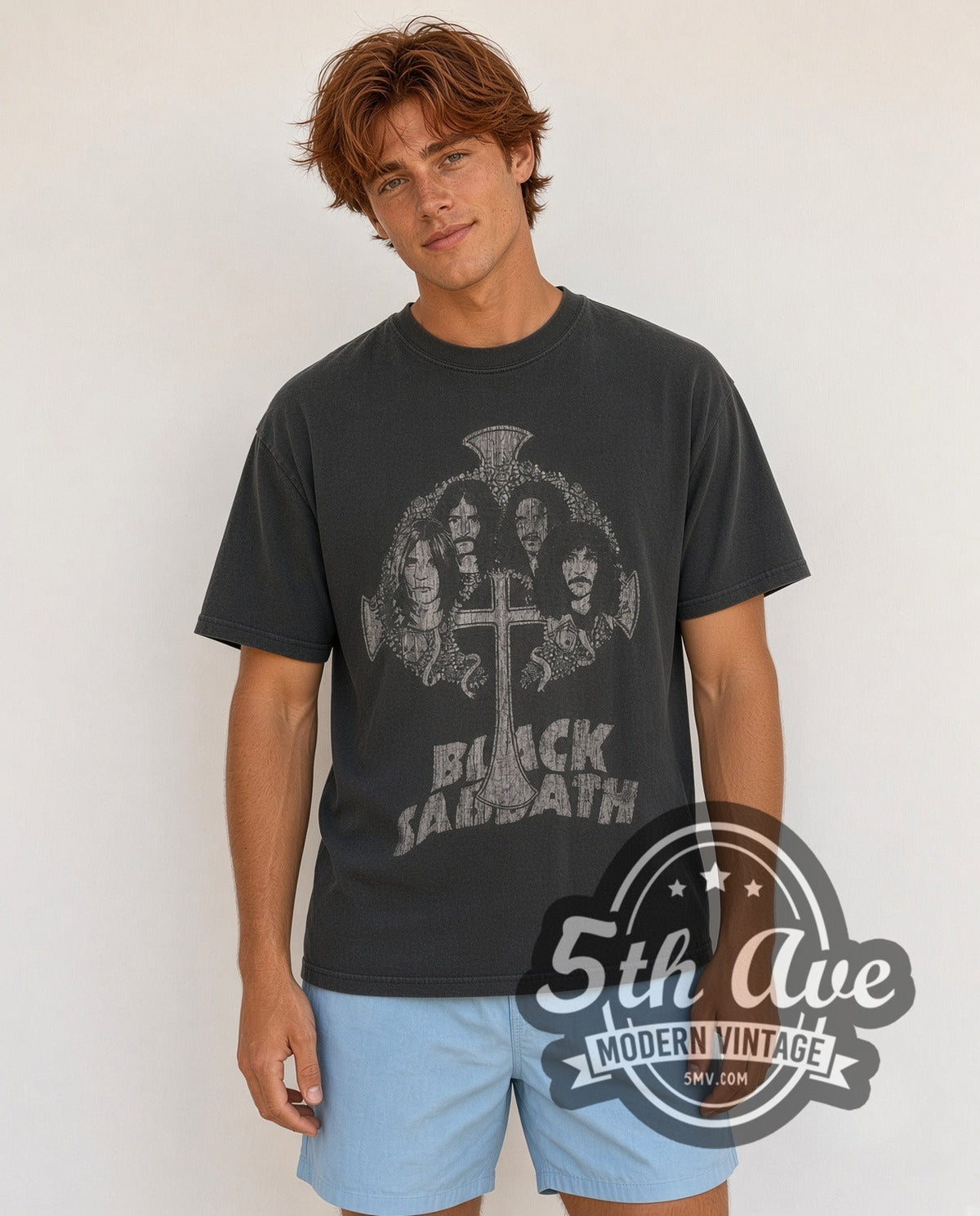 Model wearing the Black Sabbath Band Photo Cross Logo vintage band t-shirt