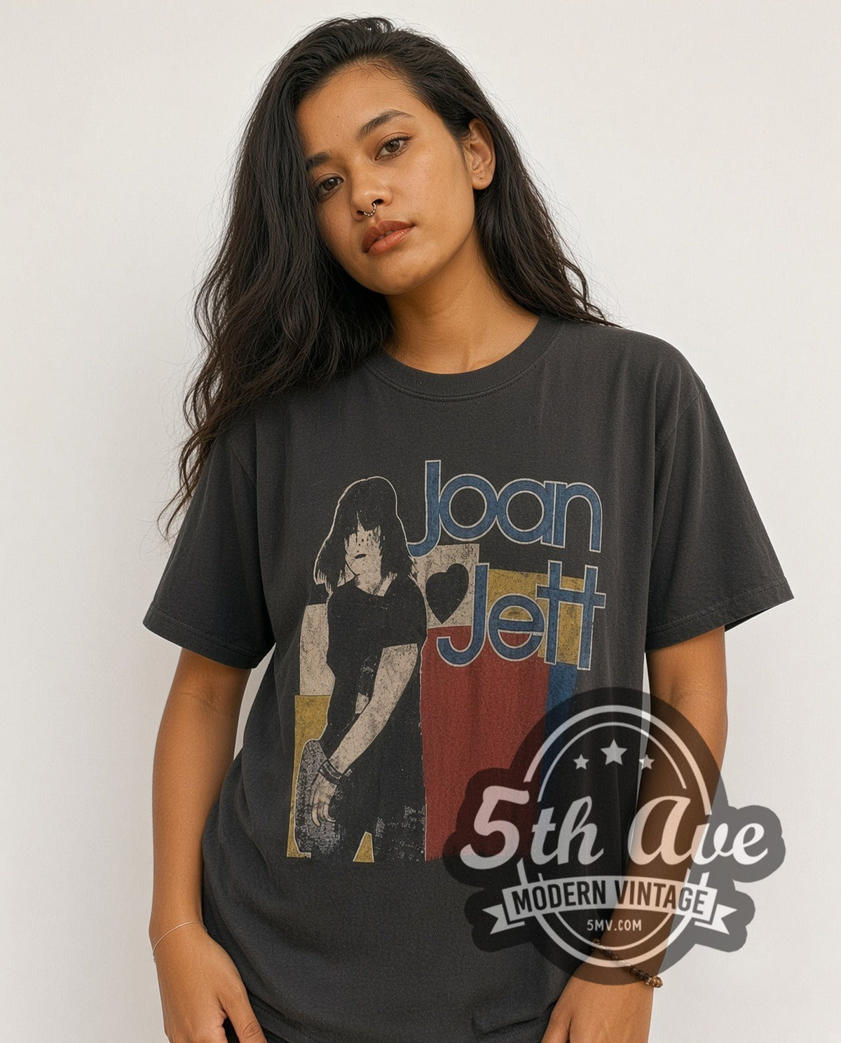 Model wearing the Joan Jett Bad Reputation vintage band t-shirt
