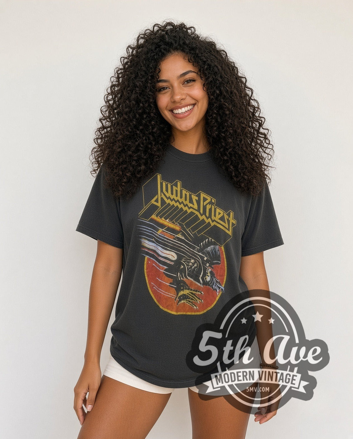 Model wearing the Judas Priest Robotic Eagle vintage band t-shirt