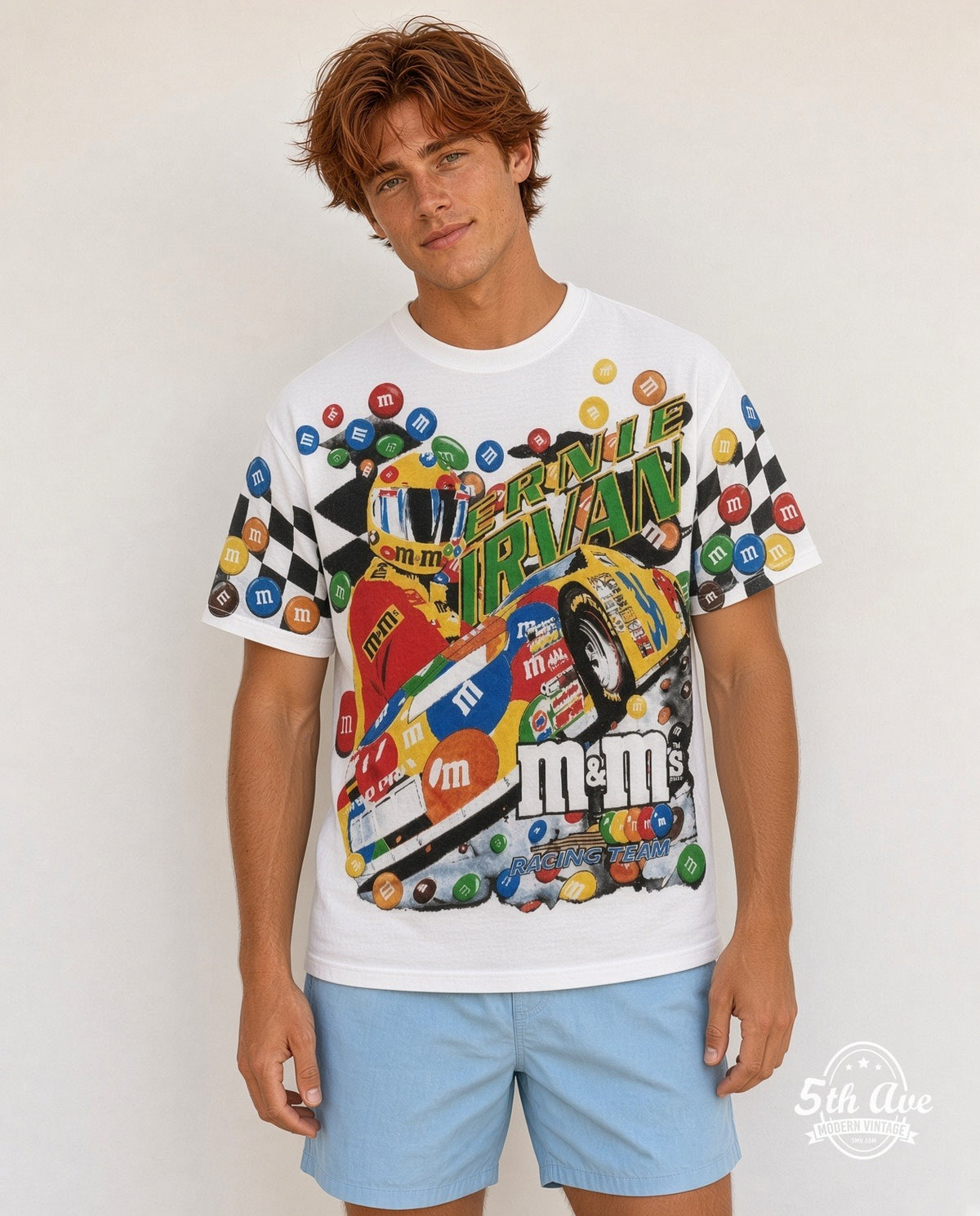 Model wearing the NASCAR Ernie Irvan #36 M&M's Angled Car all-over-print NASCAR t-shirt in white