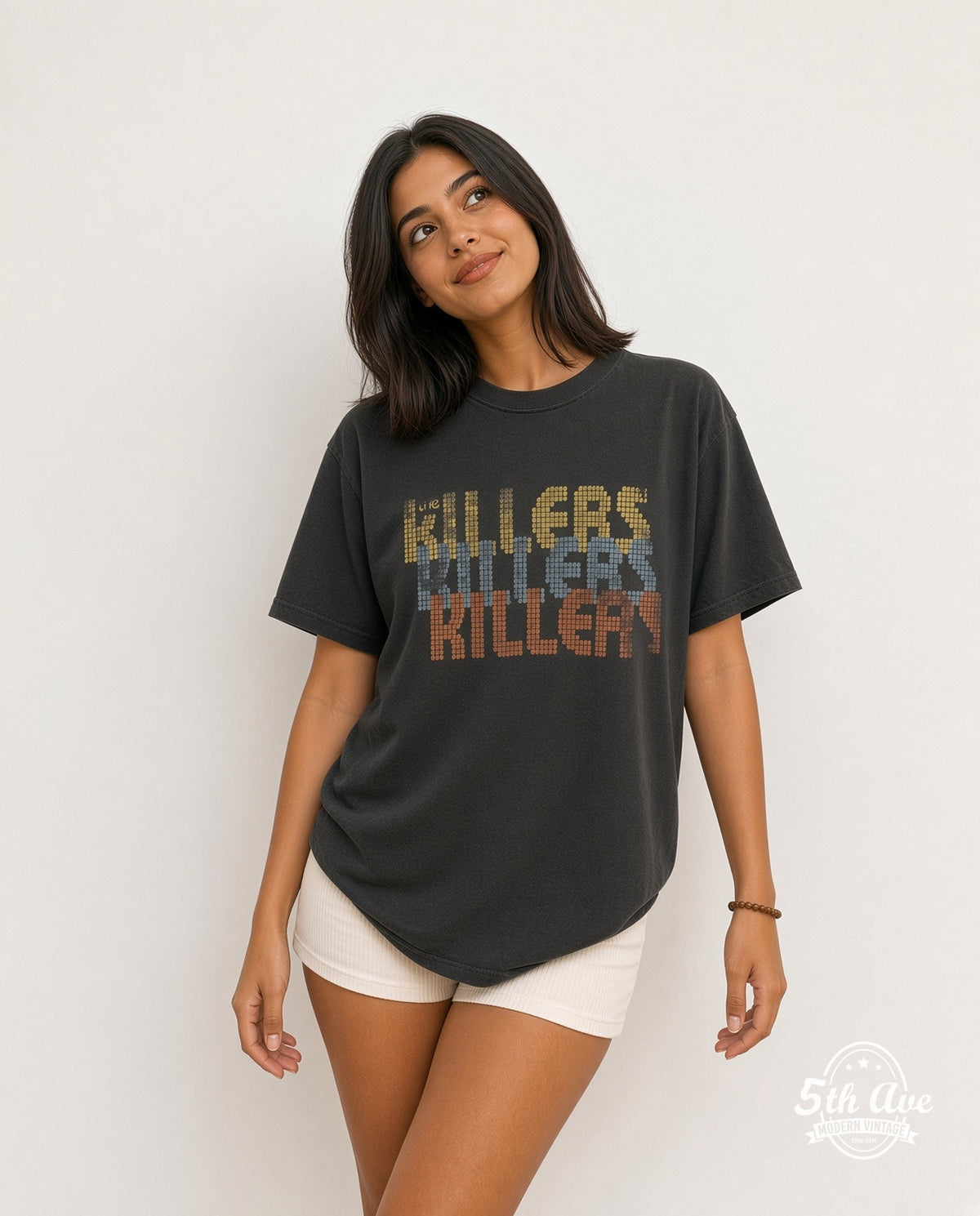 Model wearing The Killers Retro Pixel Art Killers vintage band t-shirt