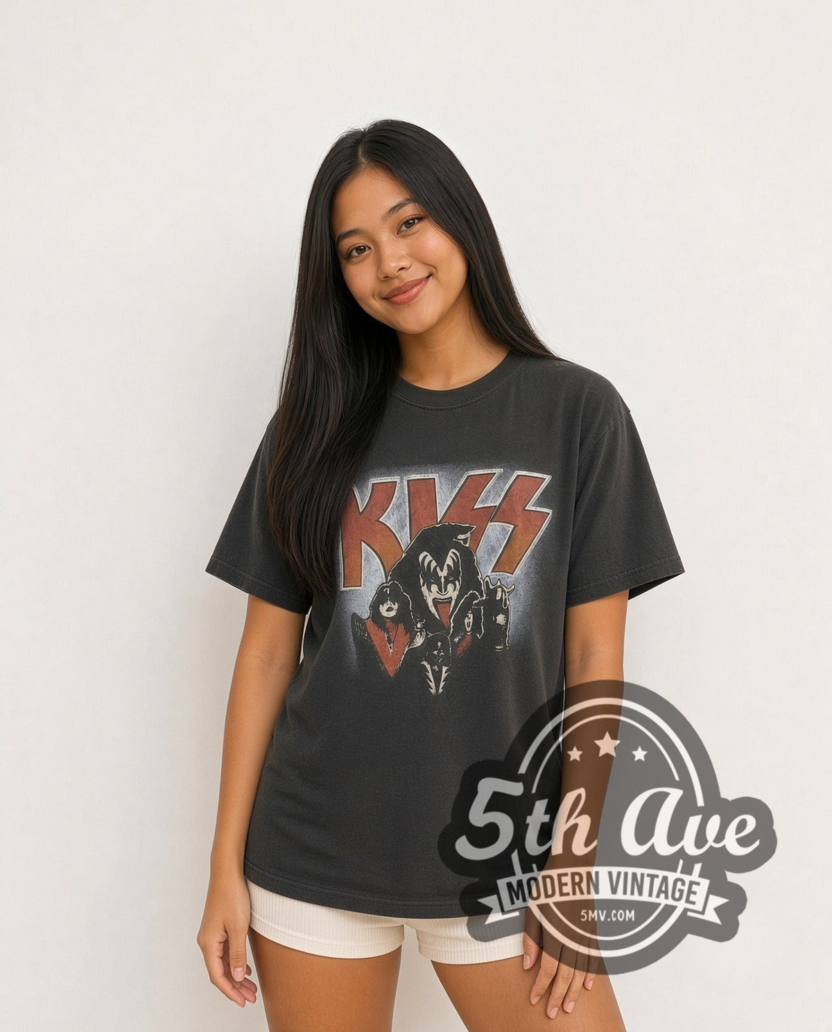 Model wearing the KISS Demon Logo vintage band t-shirt