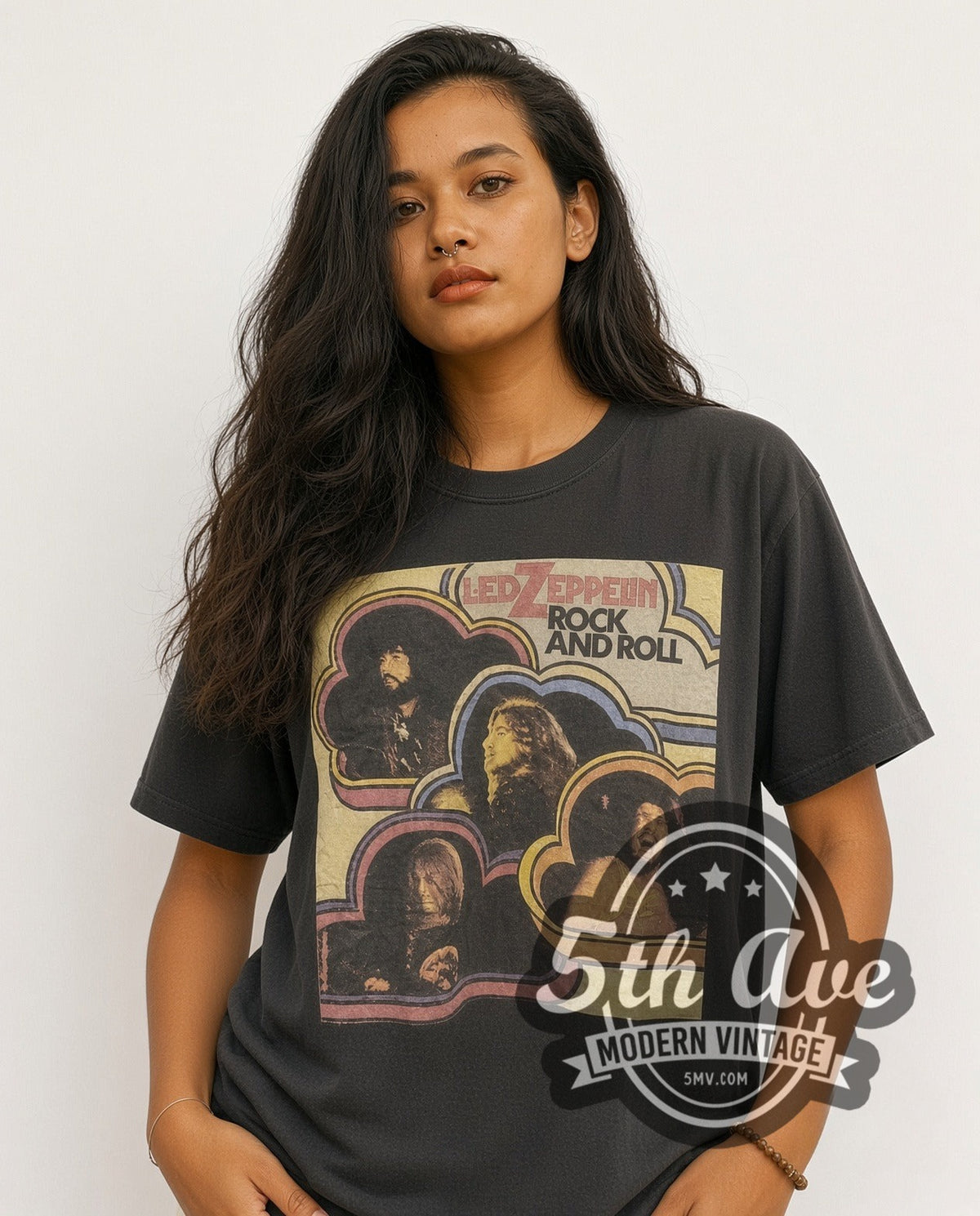 Model wearing the Led Zeppelin Clouds Portrait -Style vintage band t-shirt
