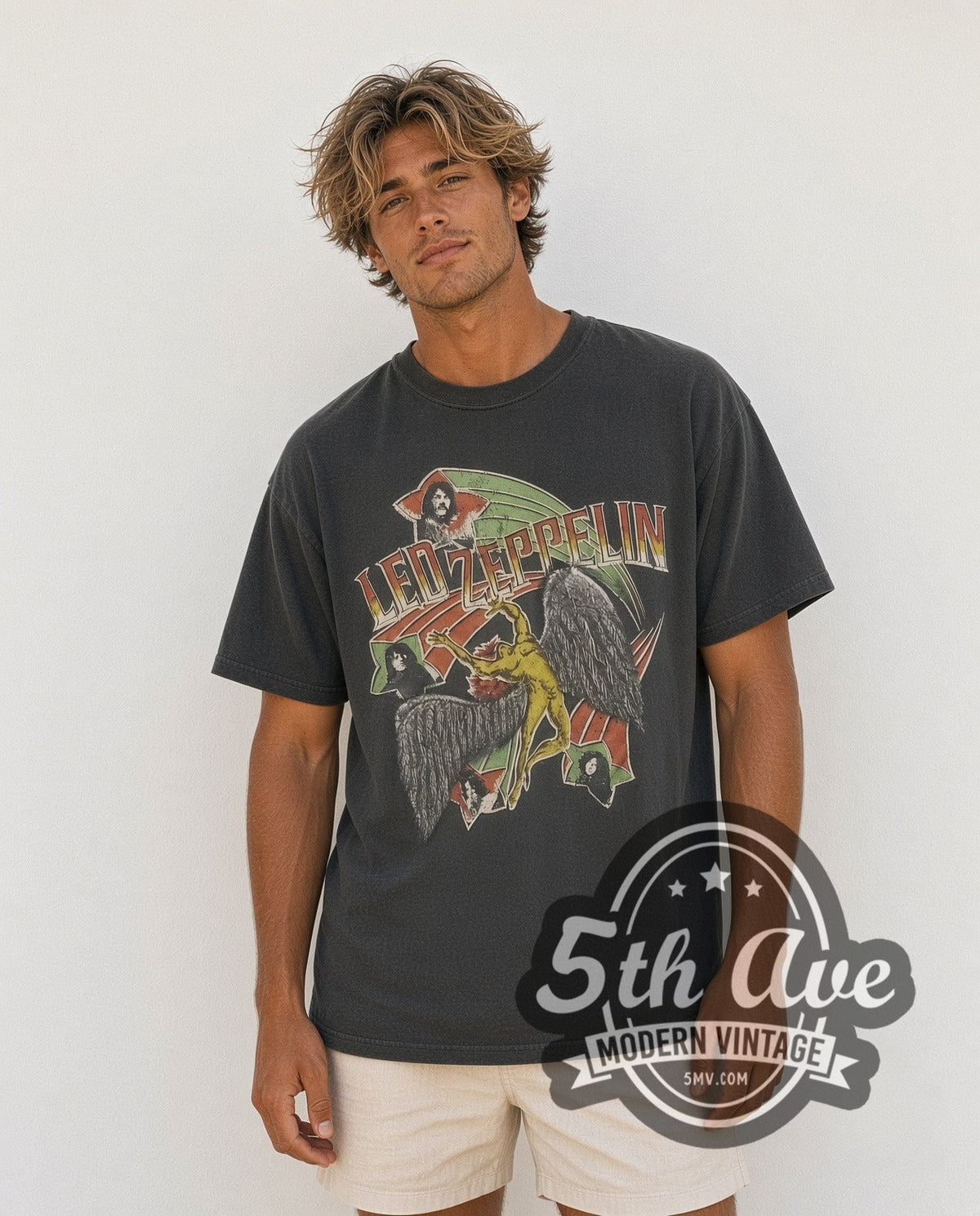 Model wearing the Led Zeppelin Retro Portrait vintage band t-shirt