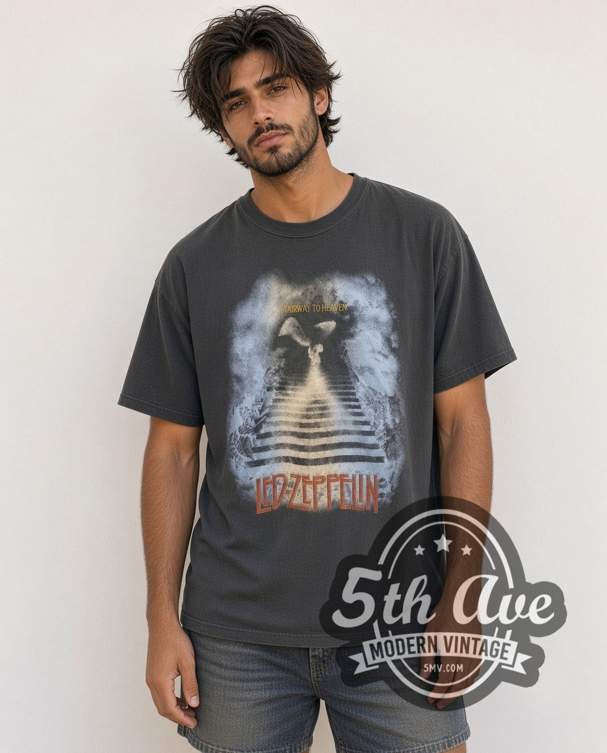 Model wearing the Led Zeppelin Stairway to Heaven Graphic vintage band t-shirt