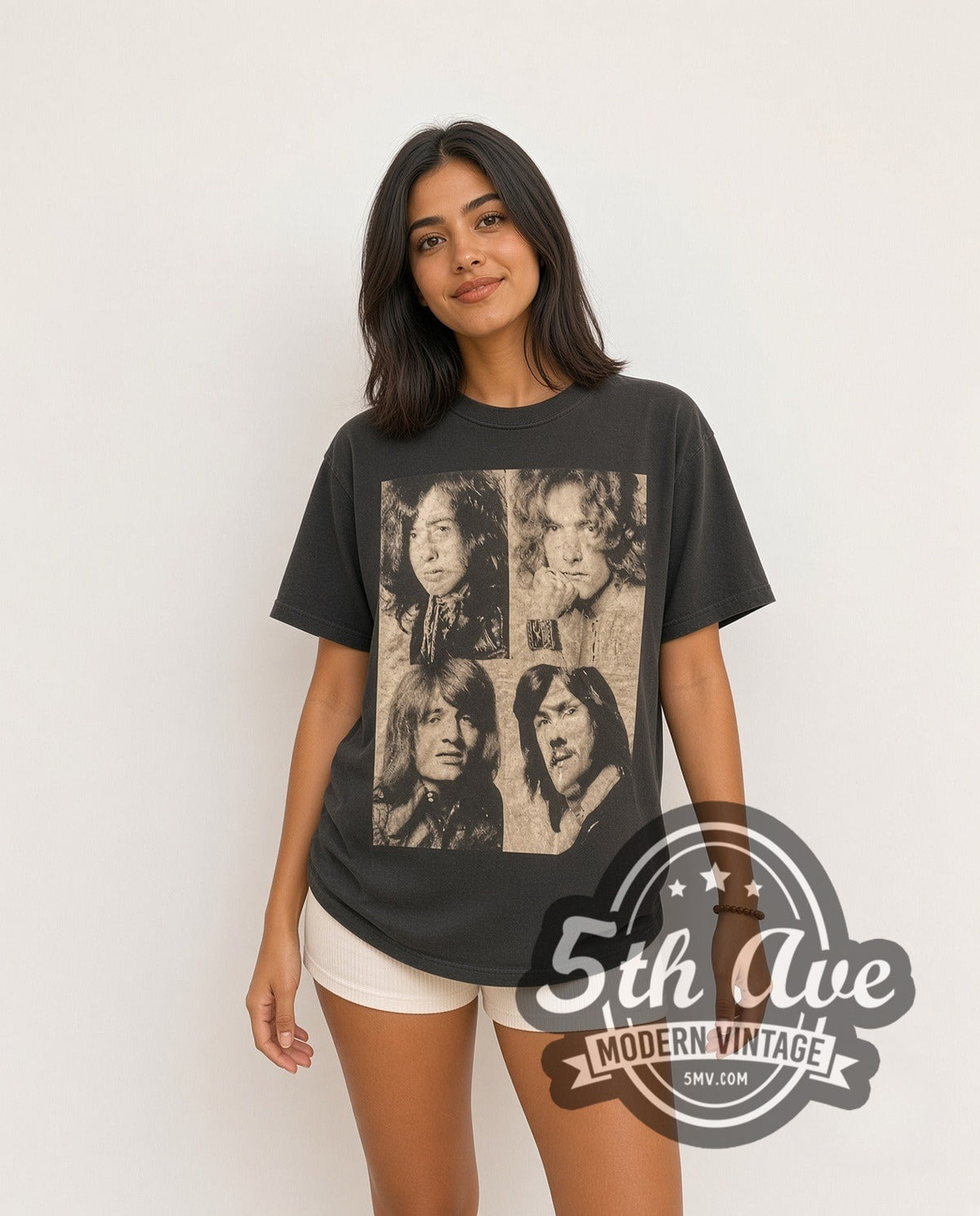 Model wearing the Led Zeppelin Four Members Portrait vintage band t-shirt