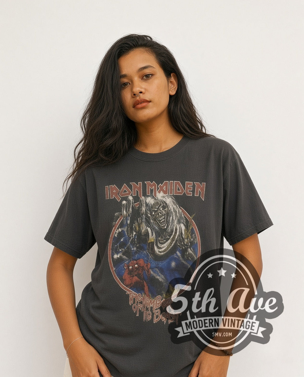 Model wearing the Iron Maiden The Number of the Beast vintage band t-shirt
