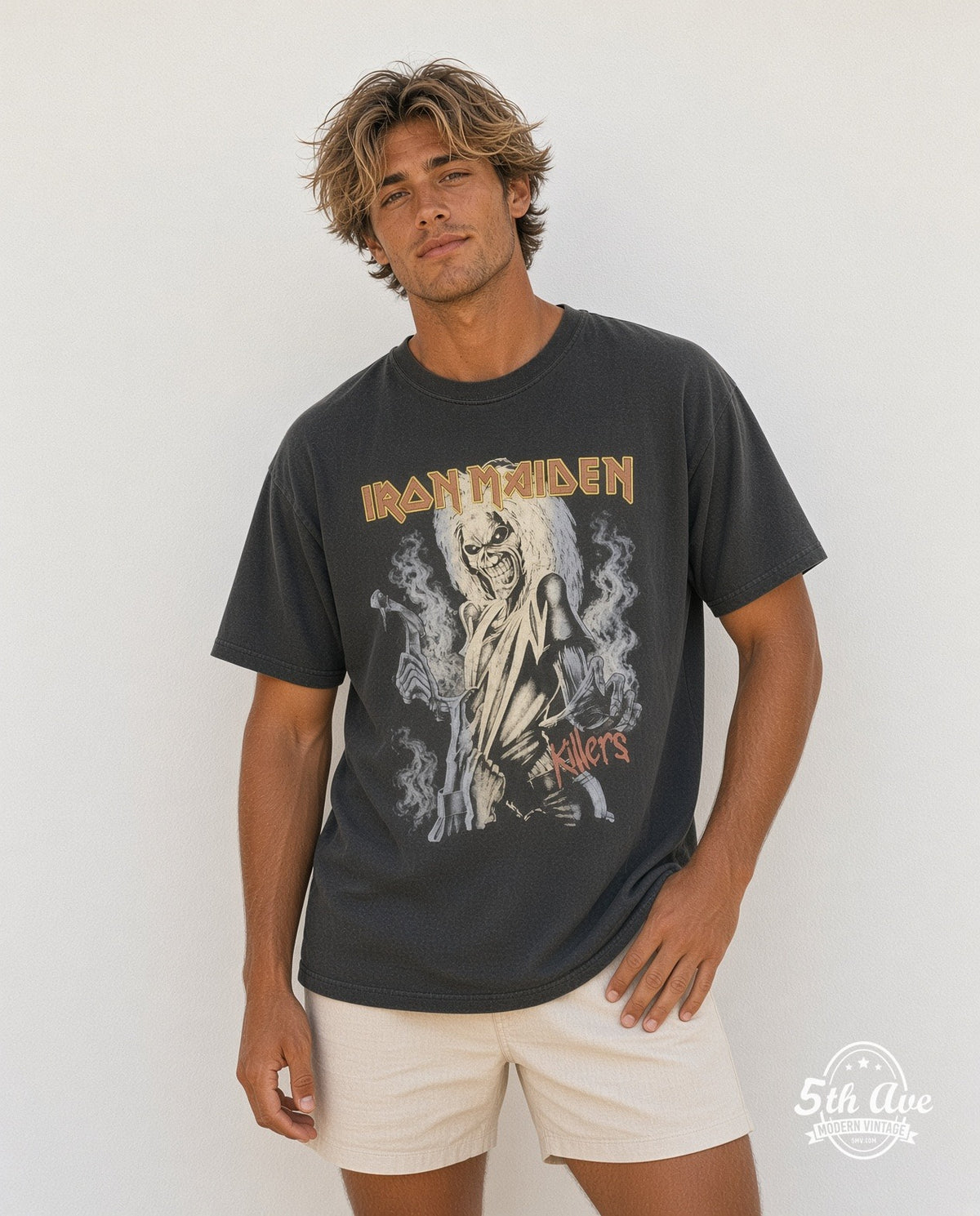 Model wearing the Iron Maiden Killers Eddie Hatchet Crop vintage band t-shirt