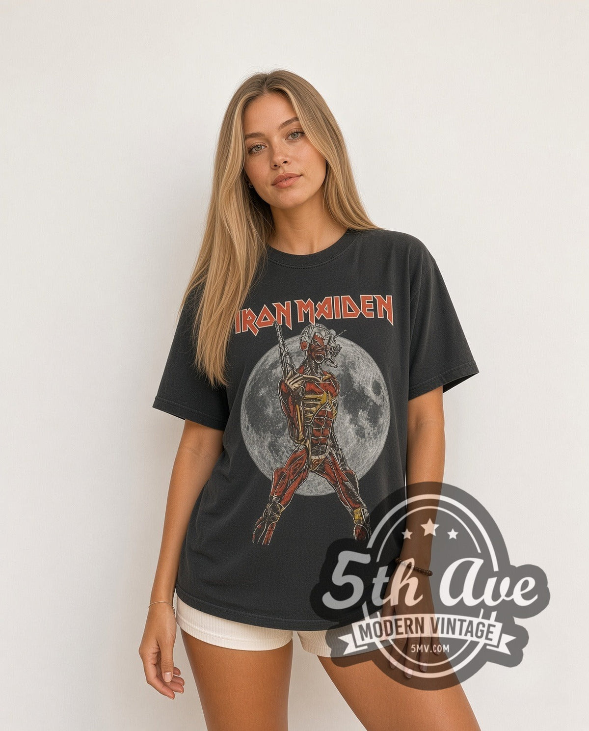 Model wearing the Iron Maiden Somewhere in Time Cyborg Eddie vintage band t-shirt