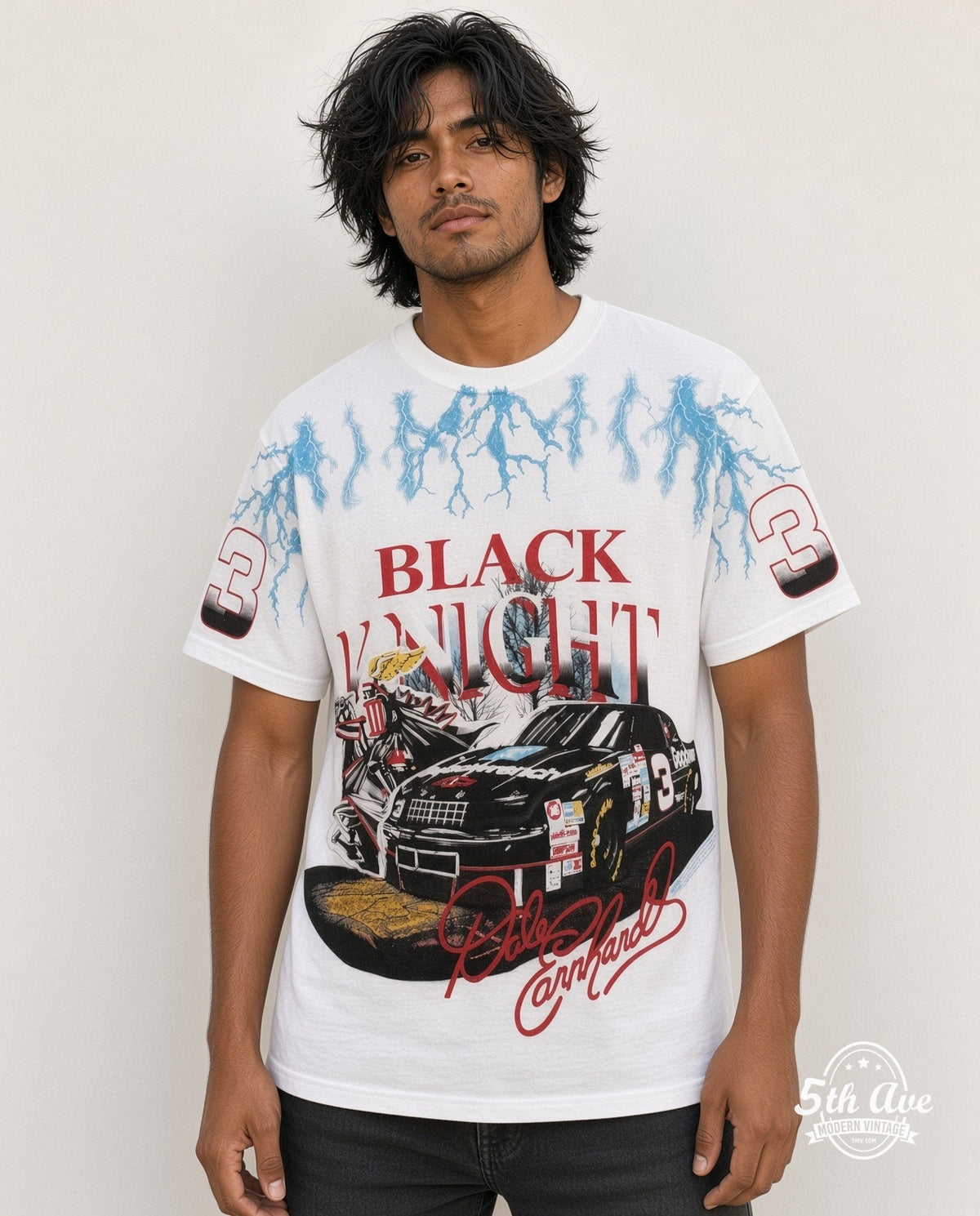 Model wearing the NASCAR Dale Earnhardt #3 Black Knight Lightning all-over-print NASCAR t-shirt in white