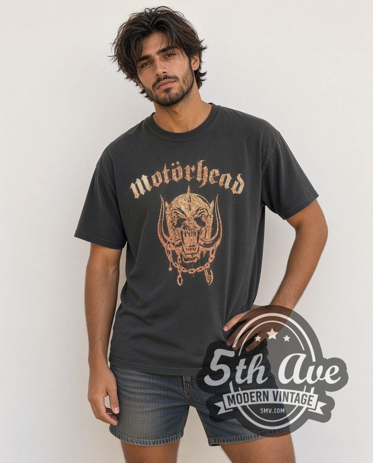 Model wearing the Motörhead Explosive with Captain Boot Tag vintage band t-shirt