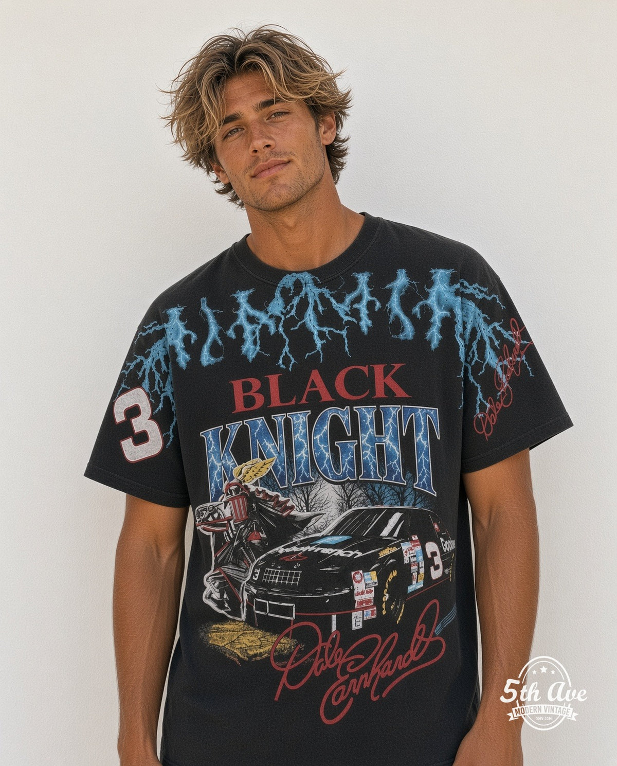 Model wearing the NASCAR Dale Earnhardt #3 Black Knight Lightning all-over-print NASCAR t-shirt in black