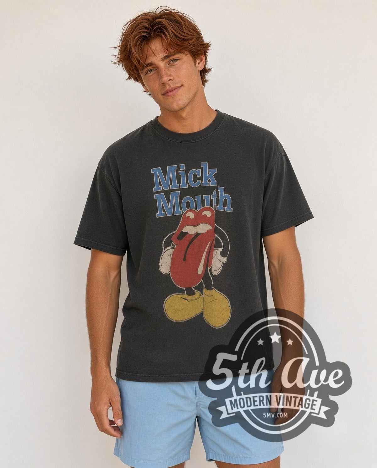 Model wearing the McMouth Iconic Lips Logo vintage band t-shirt