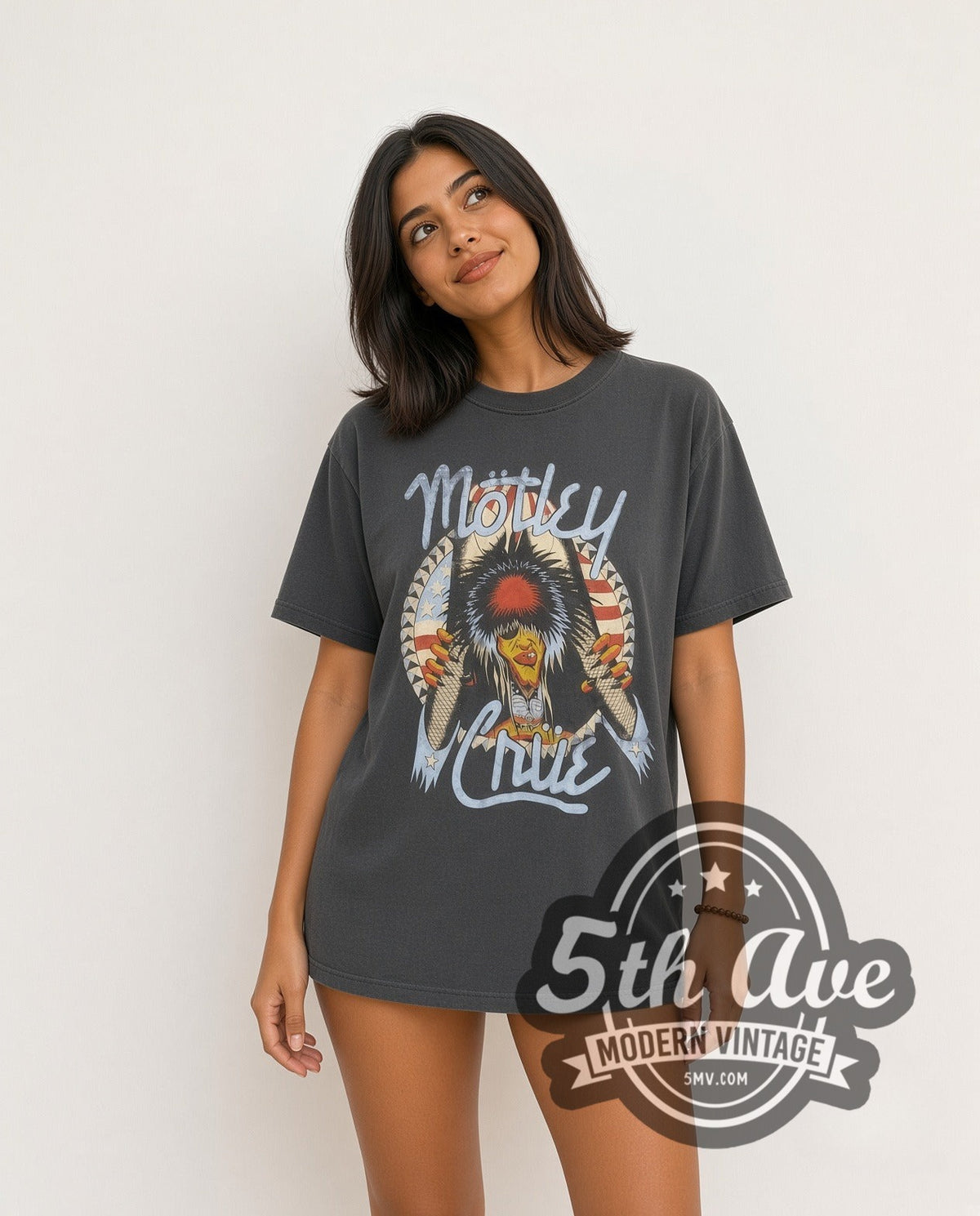 Model wearing the Mötley Crüe Nikki Sixx American Flag Breakthrough vintage band t-shirt