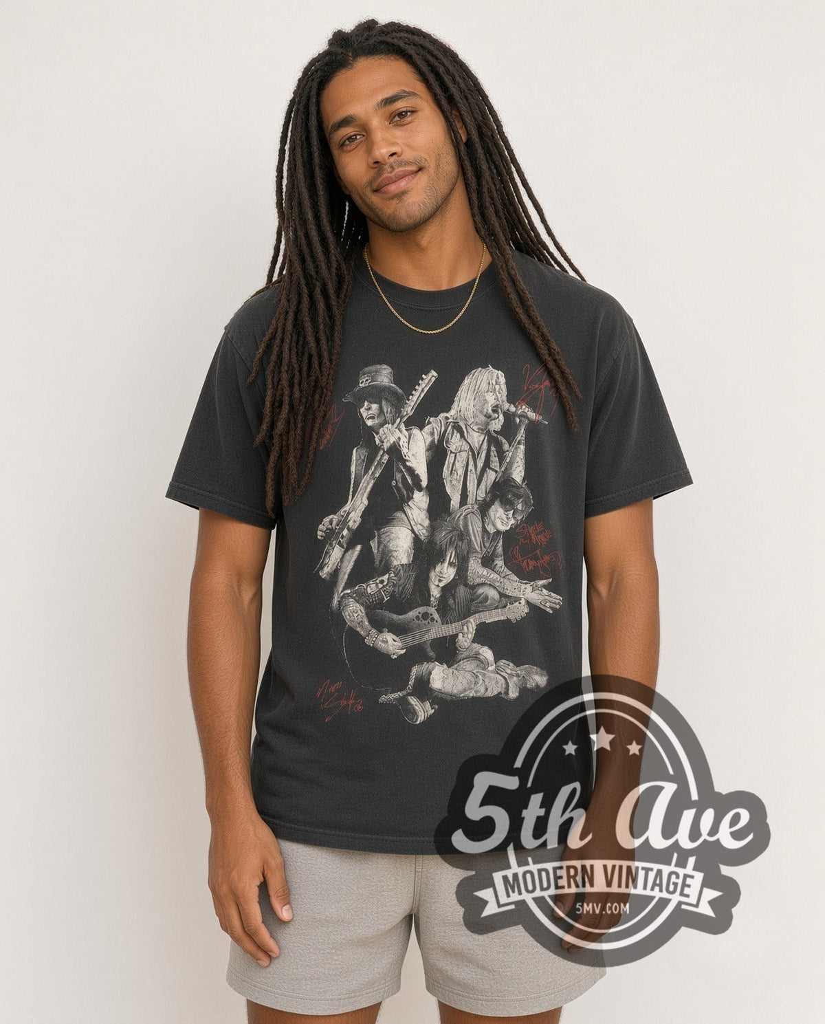 Model wearing the Mötley Crüe Autographed Members Group Photo vintage band t-shirt