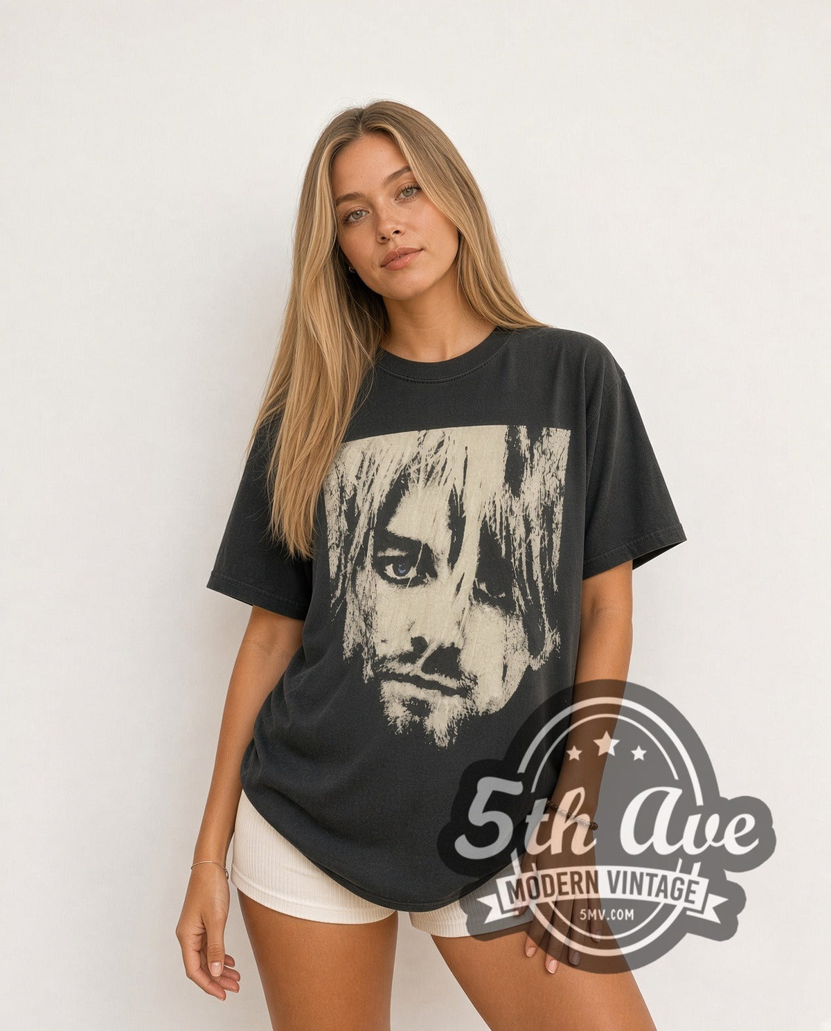 Model wearing the Nirvana KURT COBAIN vintage band t-shirt