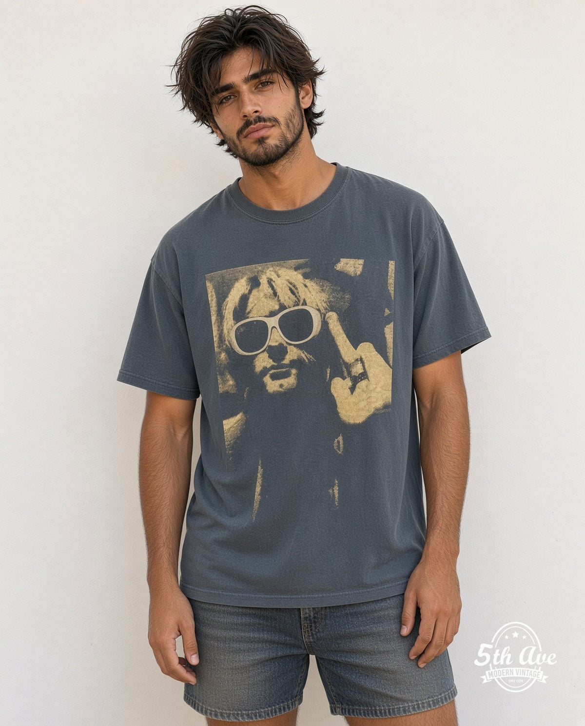 Model wearing the Nirvana A Rare to the Grunge Icon vintage band t-shirt