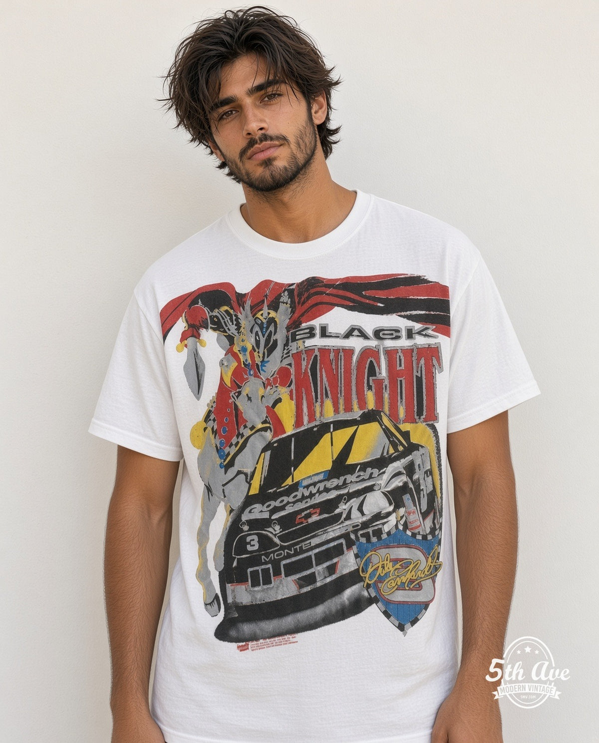 Model wearing the NASCAR Dale Earnhardt #3 Black Knight Horse all-over-print NASCAR t-shirt in white