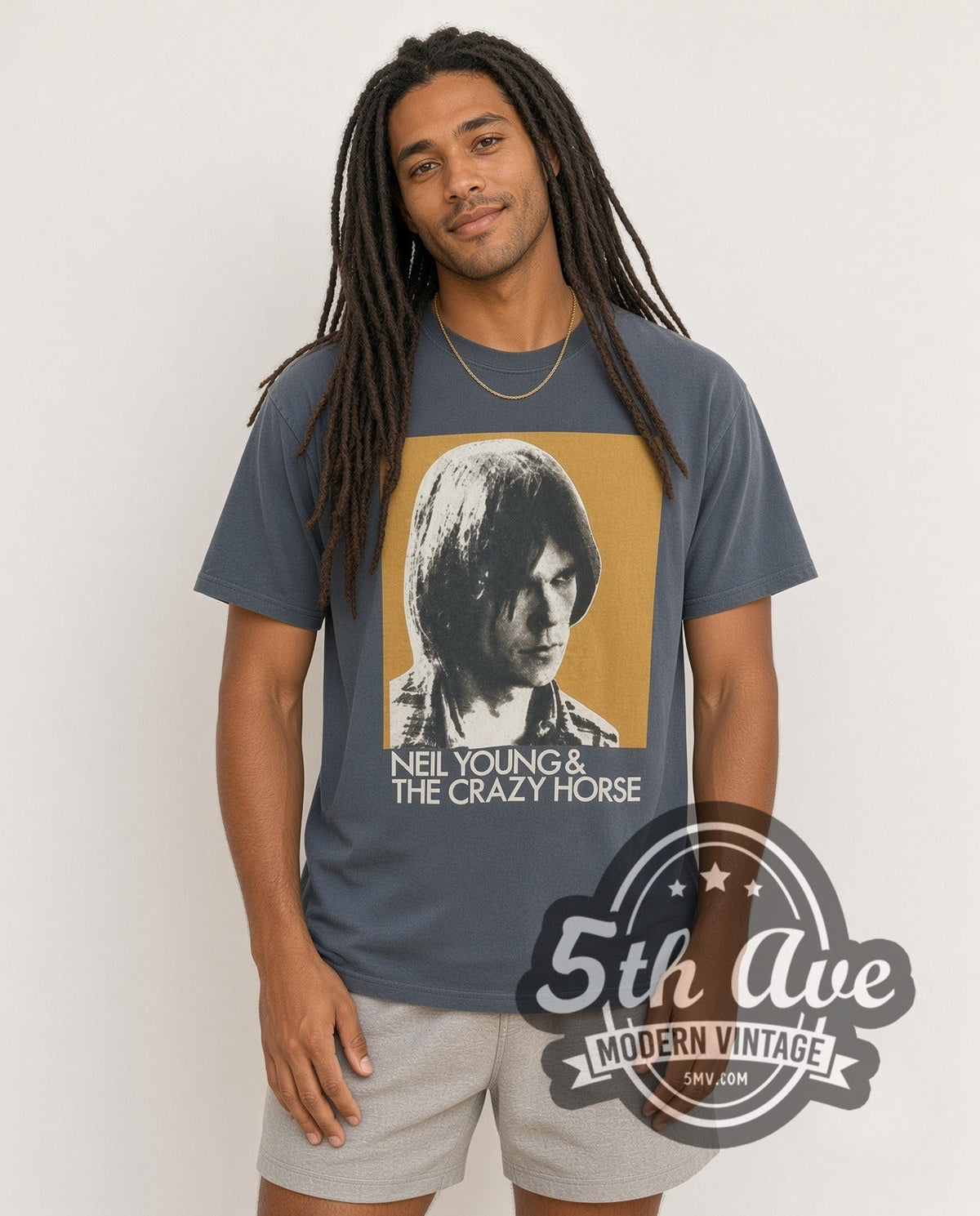 Model wearing the Neil Young and Crazy Horse Color Portrait vintage band t-shirt