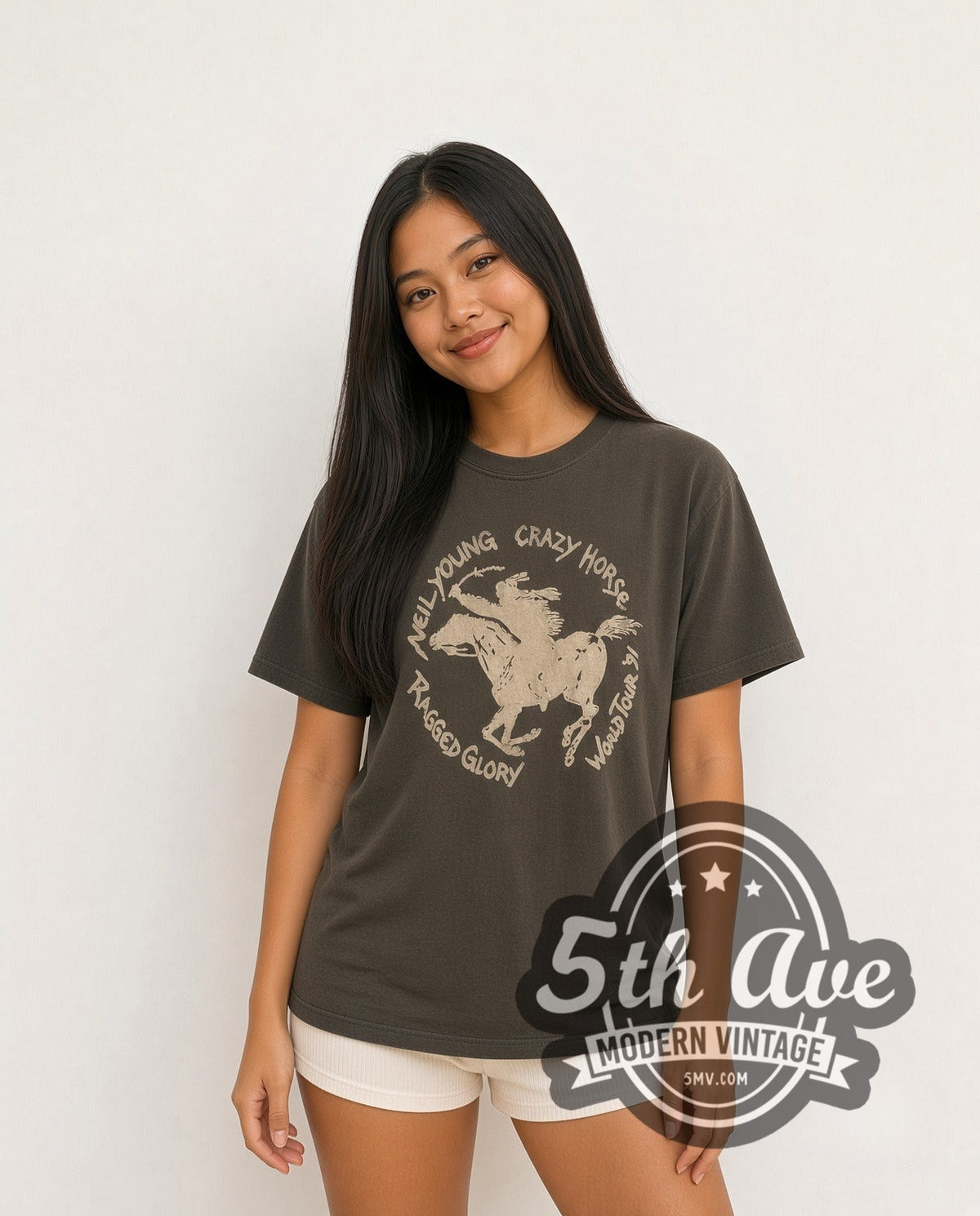 Model wearing the Neil Young Crazy Horse 'Ragged Glory World Tour '91 vintage band t-shirt