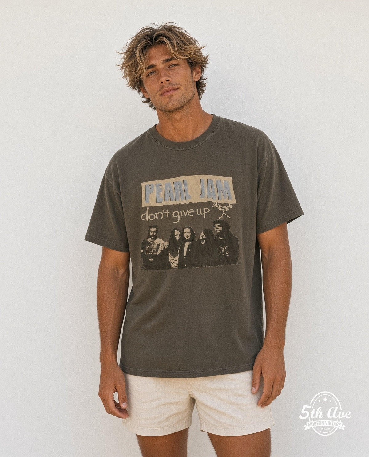 Model wearing the Pearl Jam A Rare Blend of Music, Art, and vintage band t-shirt