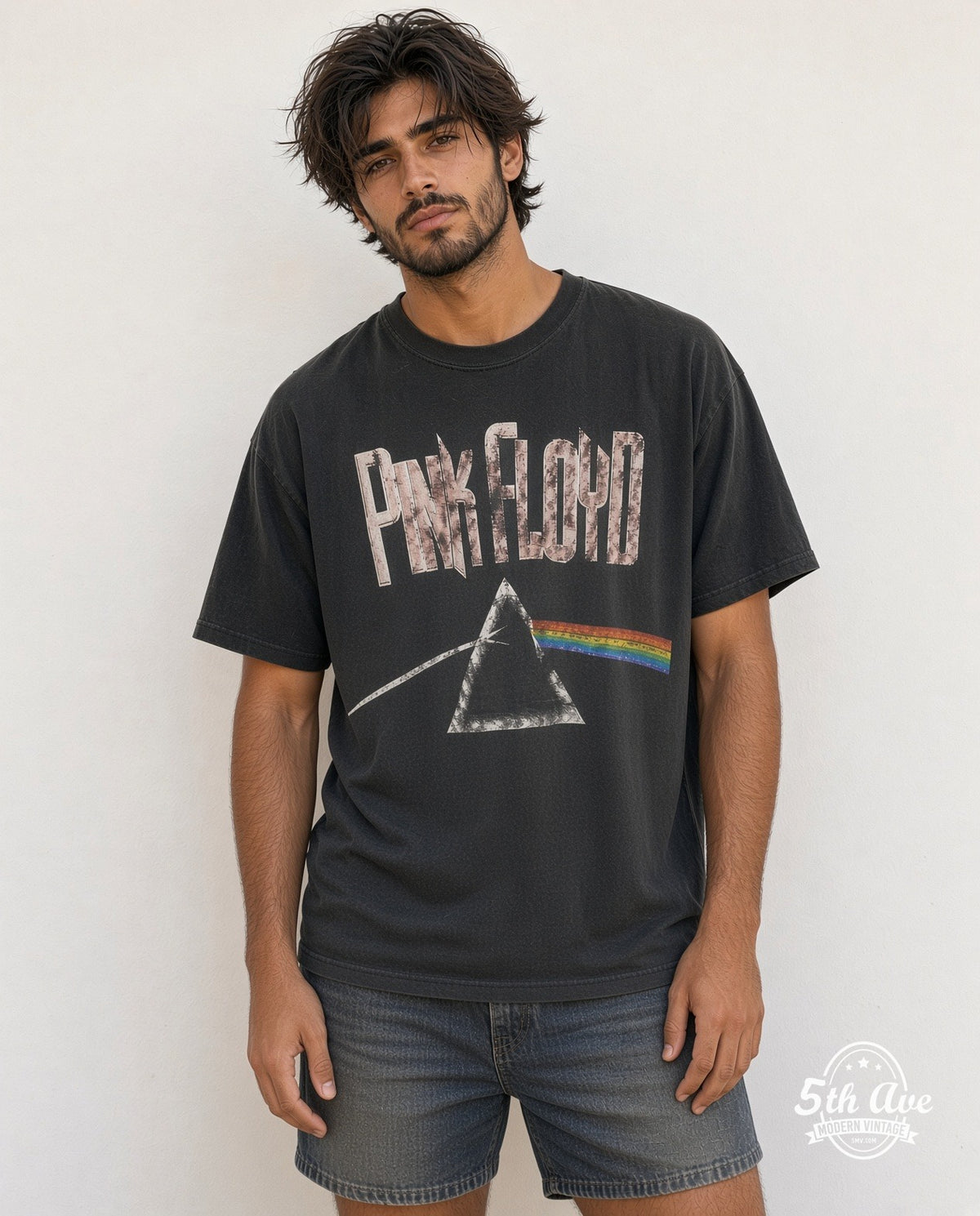 Model wearing the Pink Floyd Dark Side of the Moon Prism vintage band t-shirt