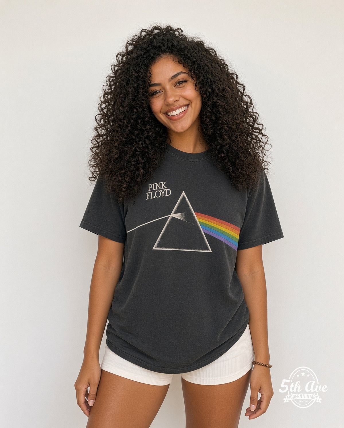 Model wearing the Pink Floyd Dark Side of the Moon' Prism vintage band t-shirt