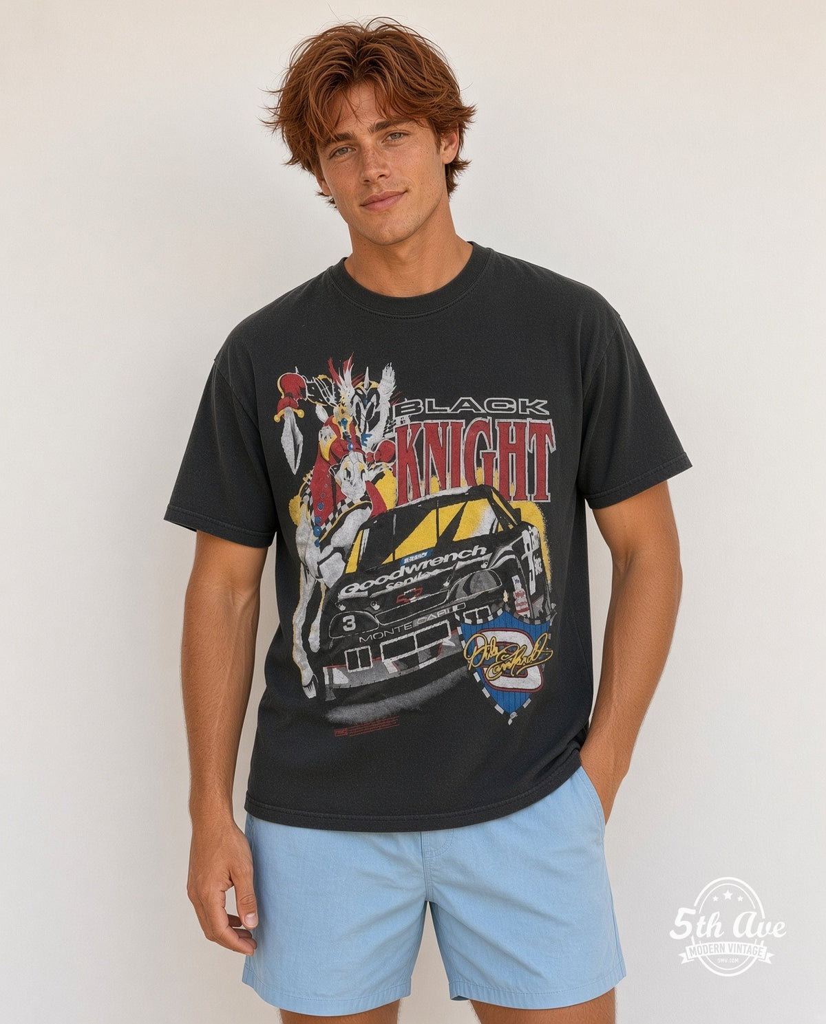 Model wearing the NASCAR Dale Earnhardt #3 Black Knight Horse all-over-print NASCAR t-shirt in black
