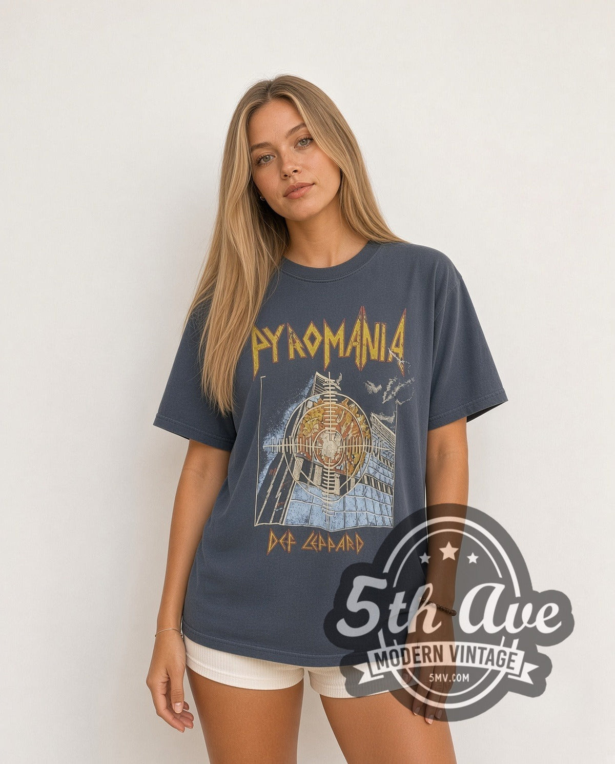 Model wearing the Def Leppard Pyromania Burning Building Target vintage band t-shirt