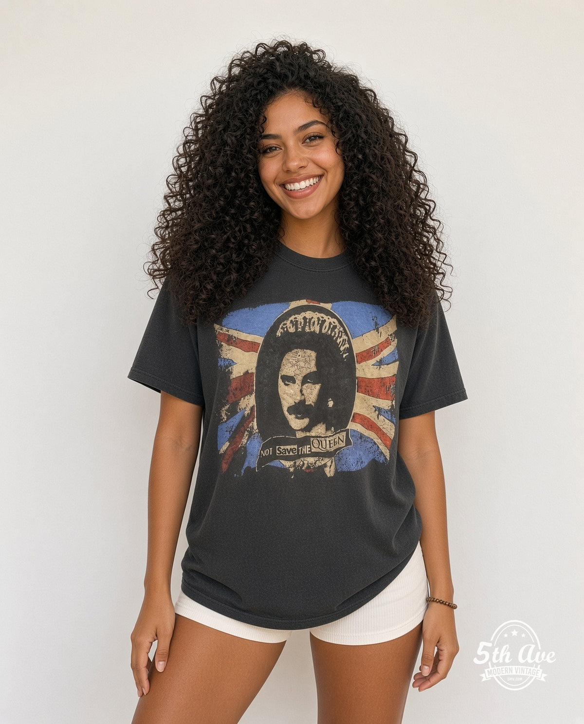 Model wearing the Queen Not Save The Queen Punk Parody vintage band t-shirt