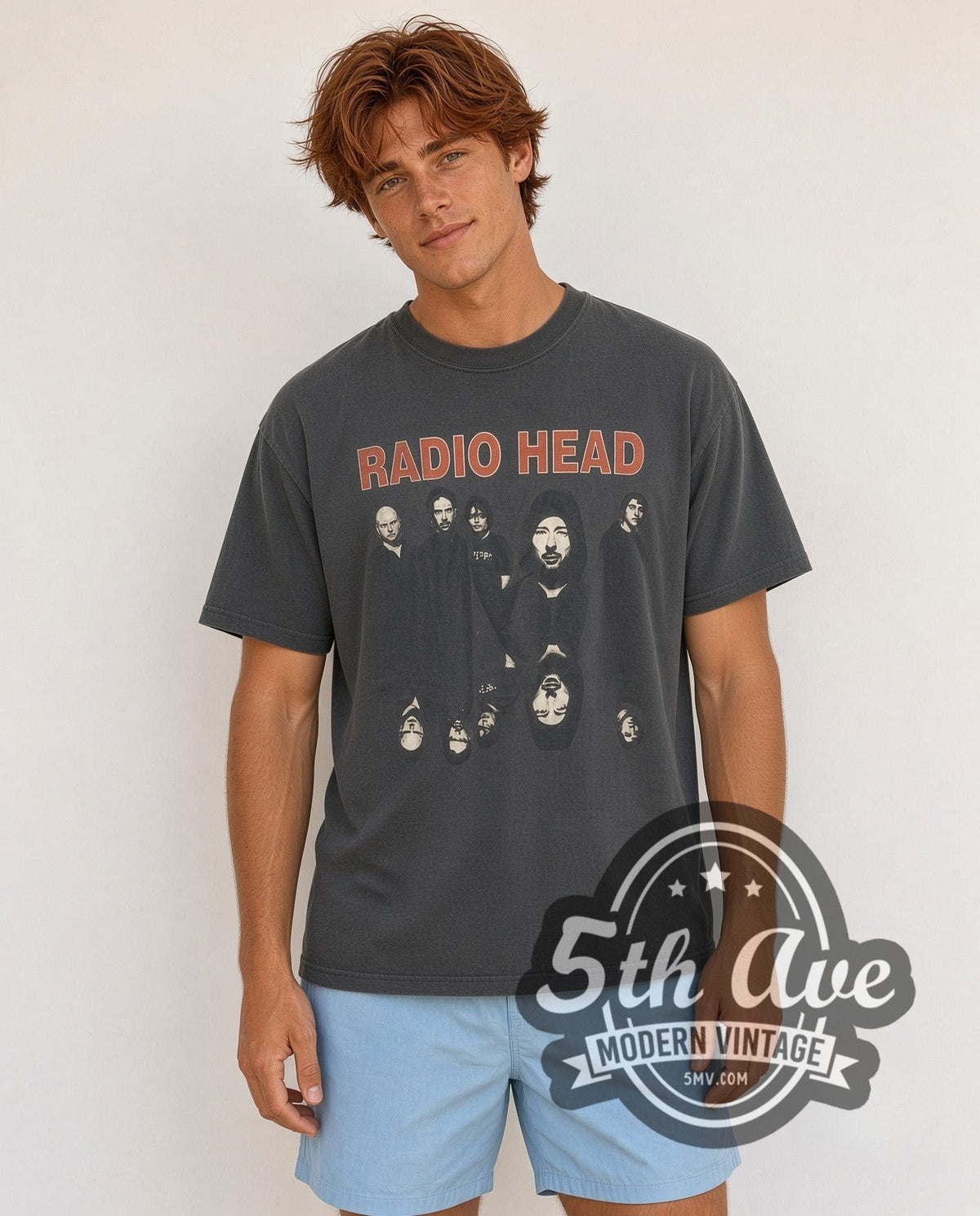 Model wearing the Radiohead RADIO HEAD Mirrored Upside Down Head vintage band t-shirt