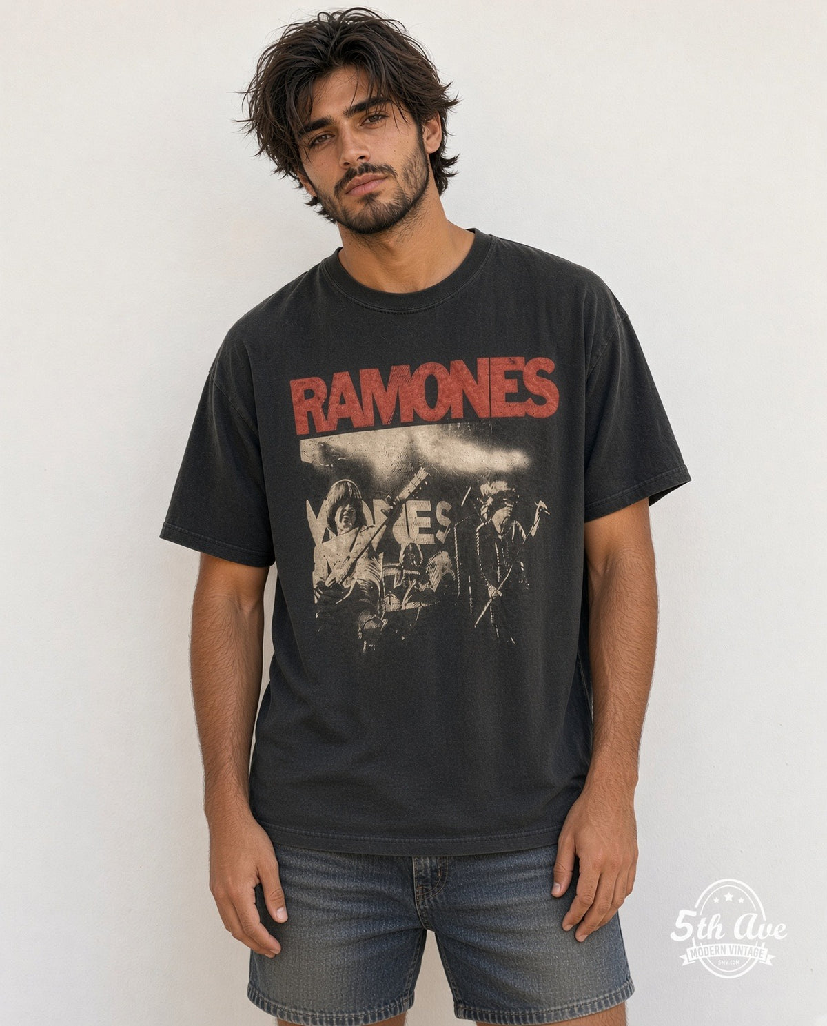 Model wearing the Ramones Live Stage Shot Red Logo vintage band t-shirt