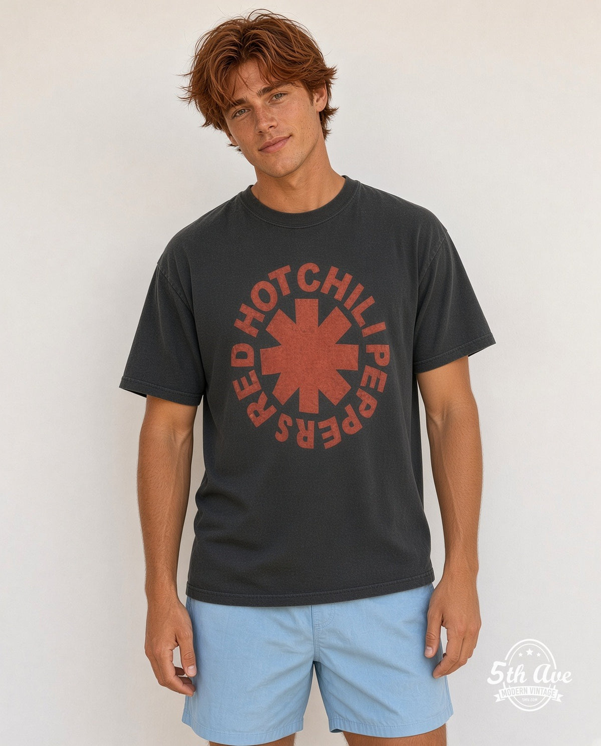 Model wearing the Red Hot Chili Peppers Classic Red Asterisk Circle Logo vintage band t-shirt