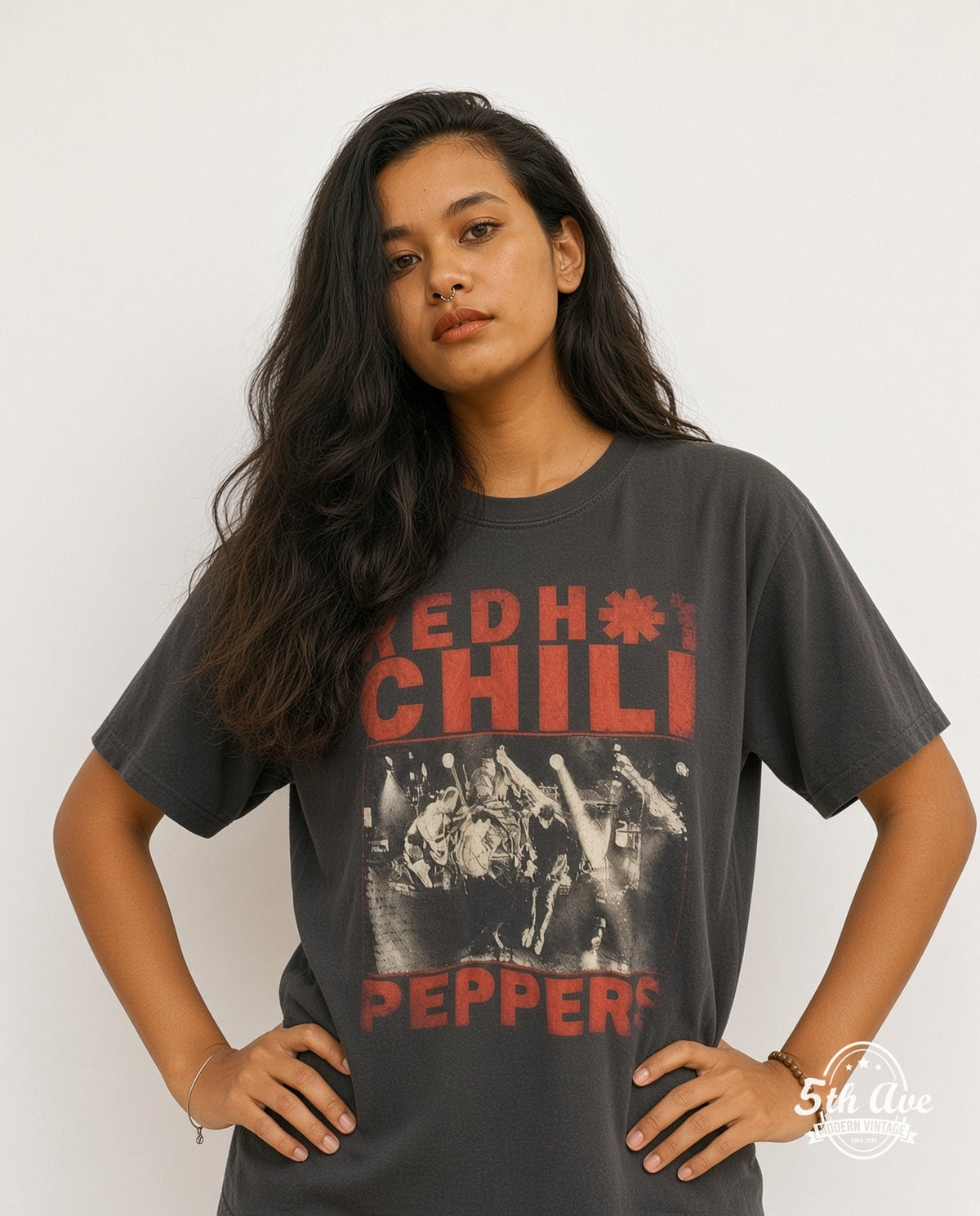 Model wearing the Red Hot Chili Peppers Distressed Red Text Live Stage Shot vintage band t-shirt