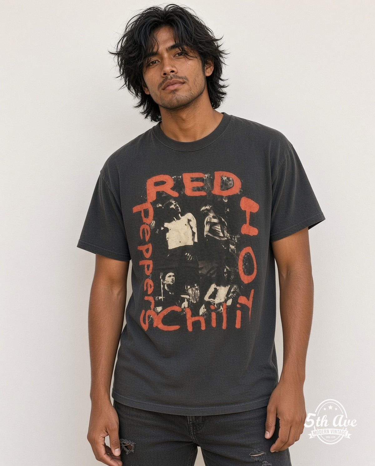 Model wearing the Red Hot Chili Peppers Orange Frame Live Band Photo Collage vintage band t-shirt