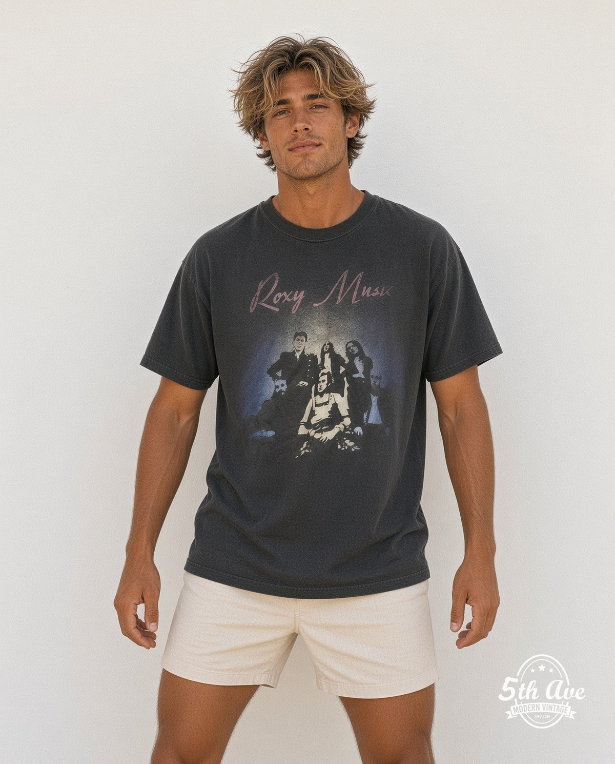 Model wearing the Roxy Music vintage band t-shirt