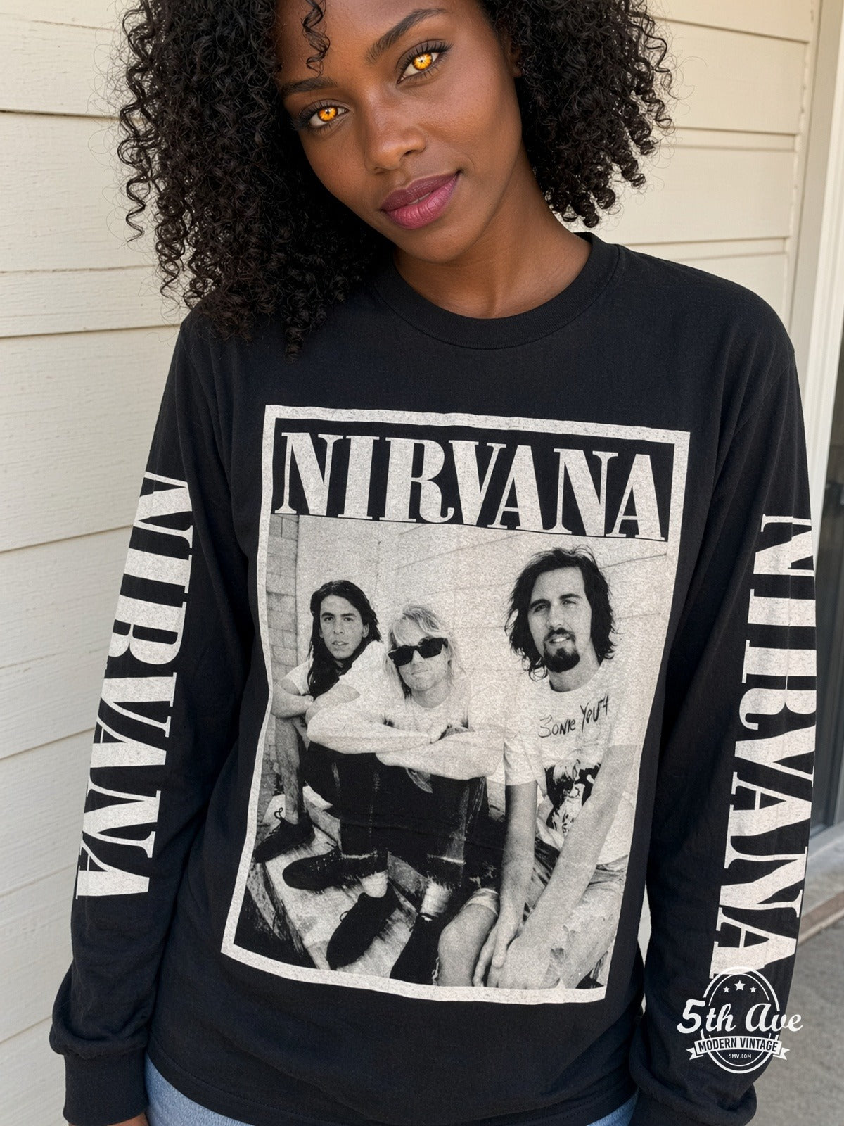 ETS LS 21 Nirvana Band Photo long sleeve vintage tee worn by a model
