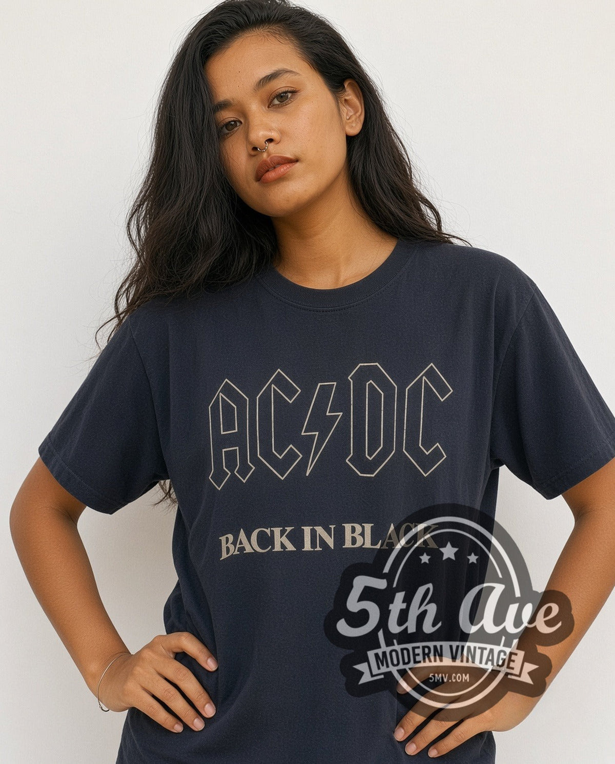Model wearing the AC/DC Back in Black vintage band t-shirt in black