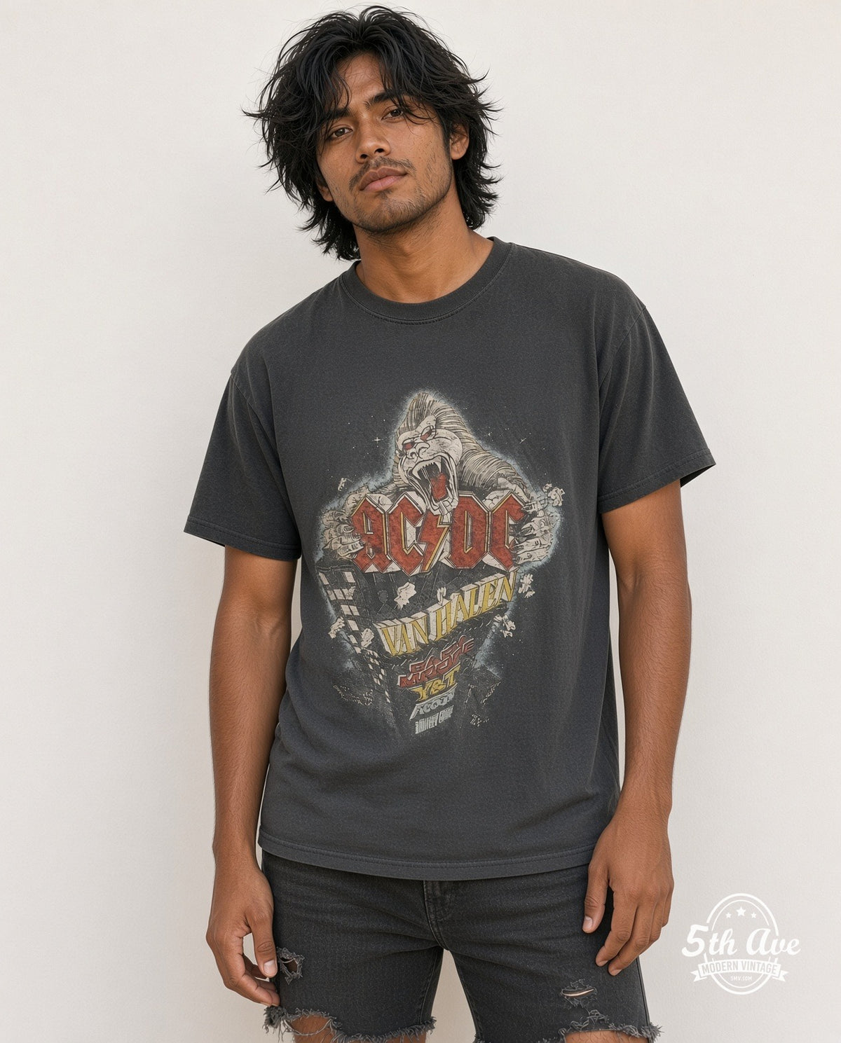 Model wearing the AC/DC Monsters of Rock vintage band t-shirt