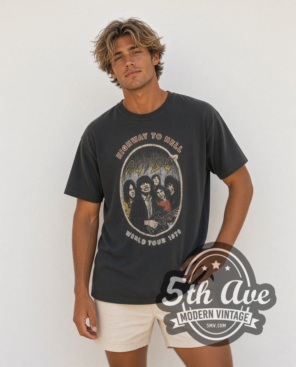 Model wearing the AC/DC Highway to Hell 1979 World Tour Oval vintage band t-shirt