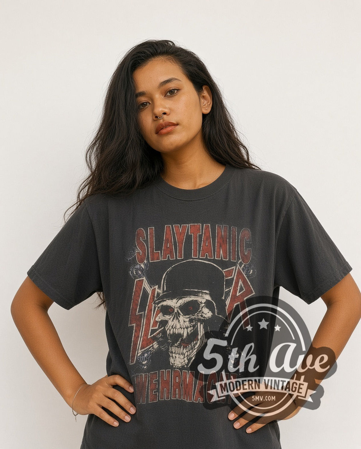 Model wearing the Slayer Slaytanic Wehrmacht Helmet Skull vintage band t-shirt