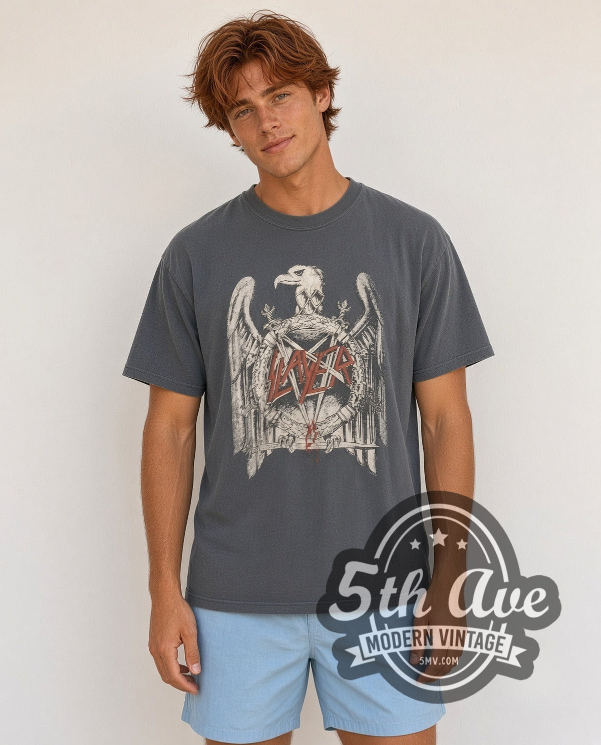 Model wearing the Slayer Eagle Sword Pentagram Logo vintage band t-shirt