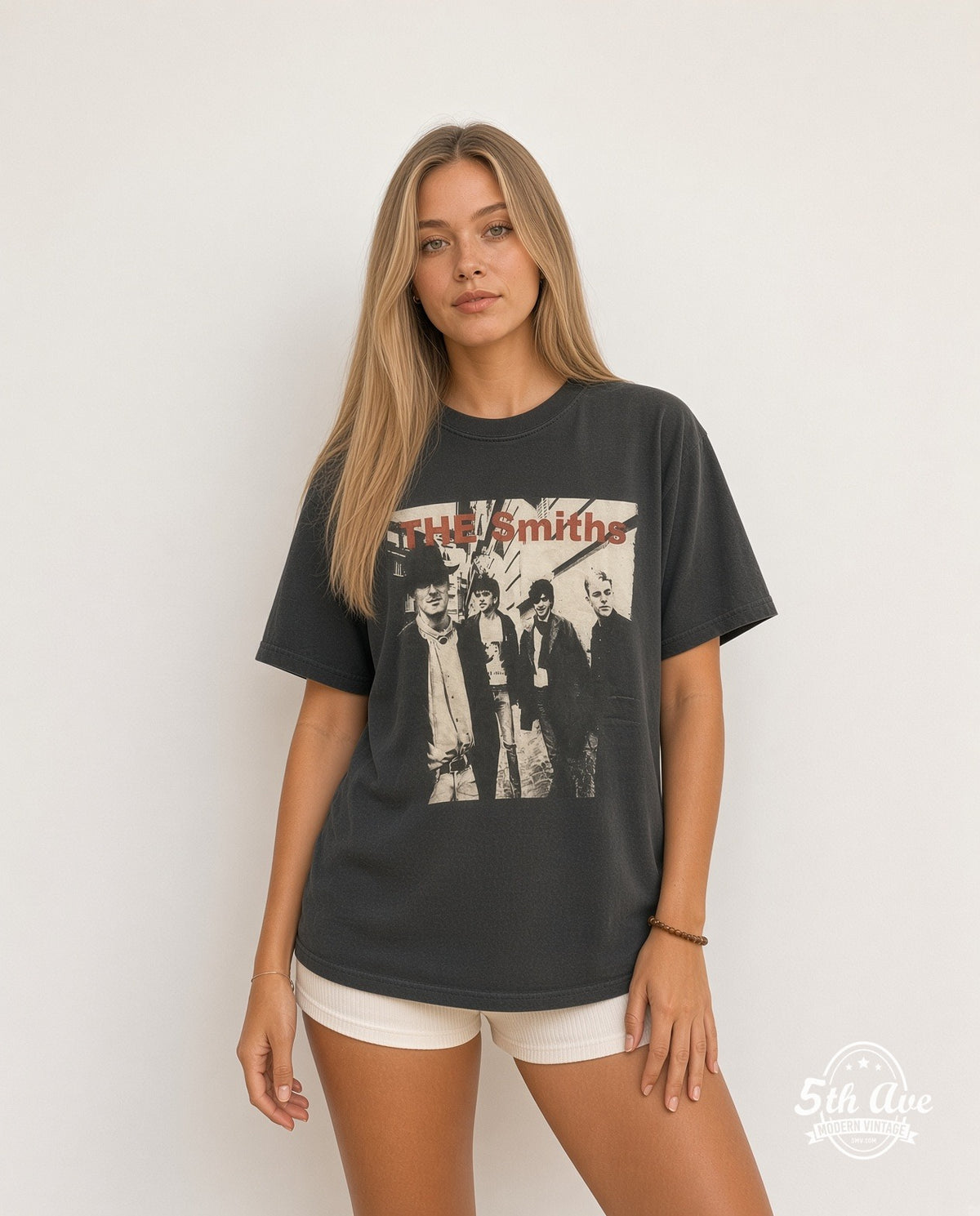 Model wearing The Smiths Alleyway Band Photo Red Logo vintage band t-shirt