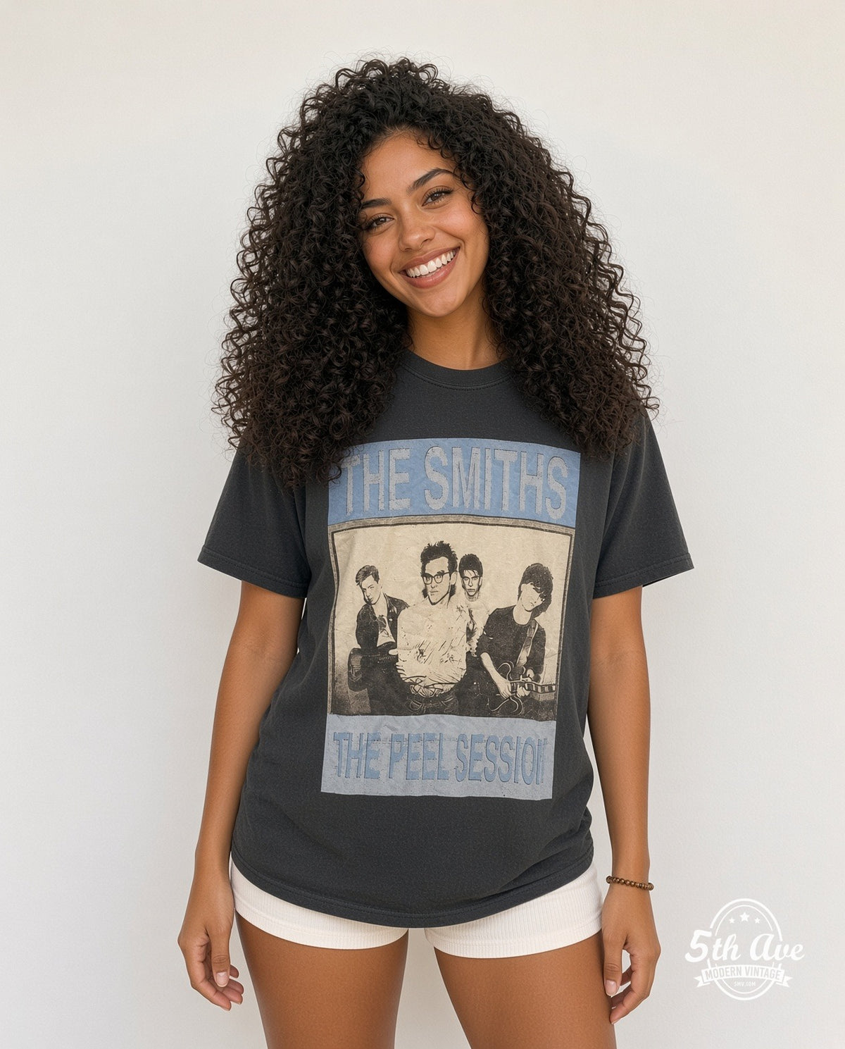 Model wearing The Smiths The Peel Sessions Band Photo vintage band t-shirt