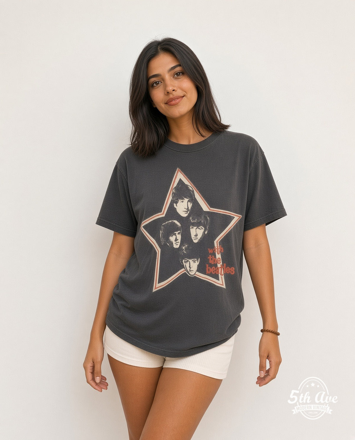 Model wearing The Beatles With The Beatles Star Portraits vintage band t-shirt