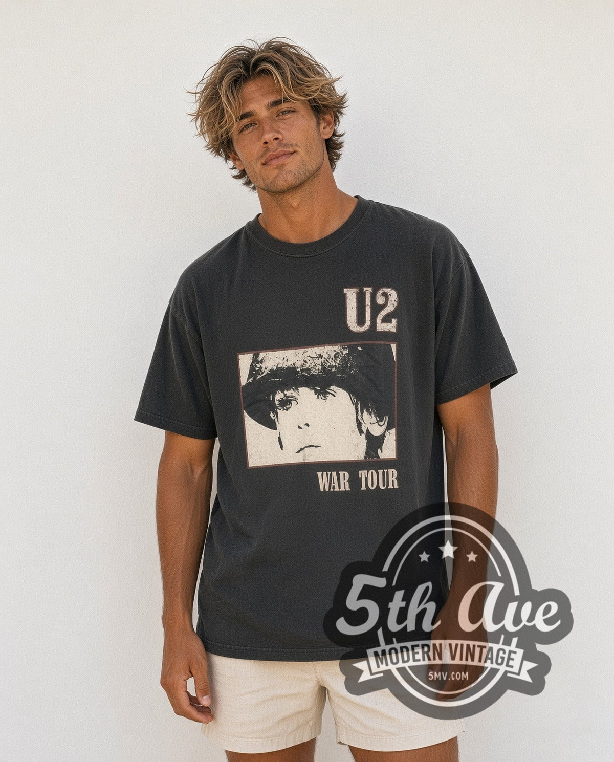 Model wearing the U2 vintage band t-shirt