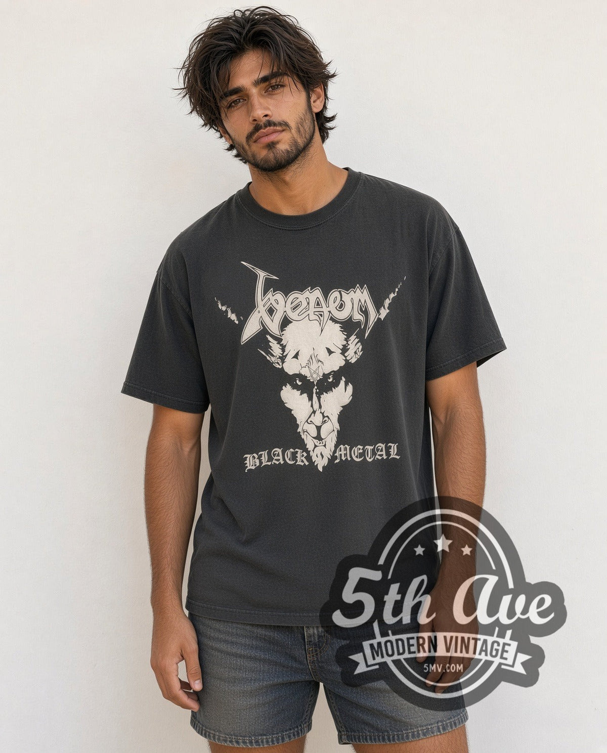 Model wearing the Venom vintage band t-shirt