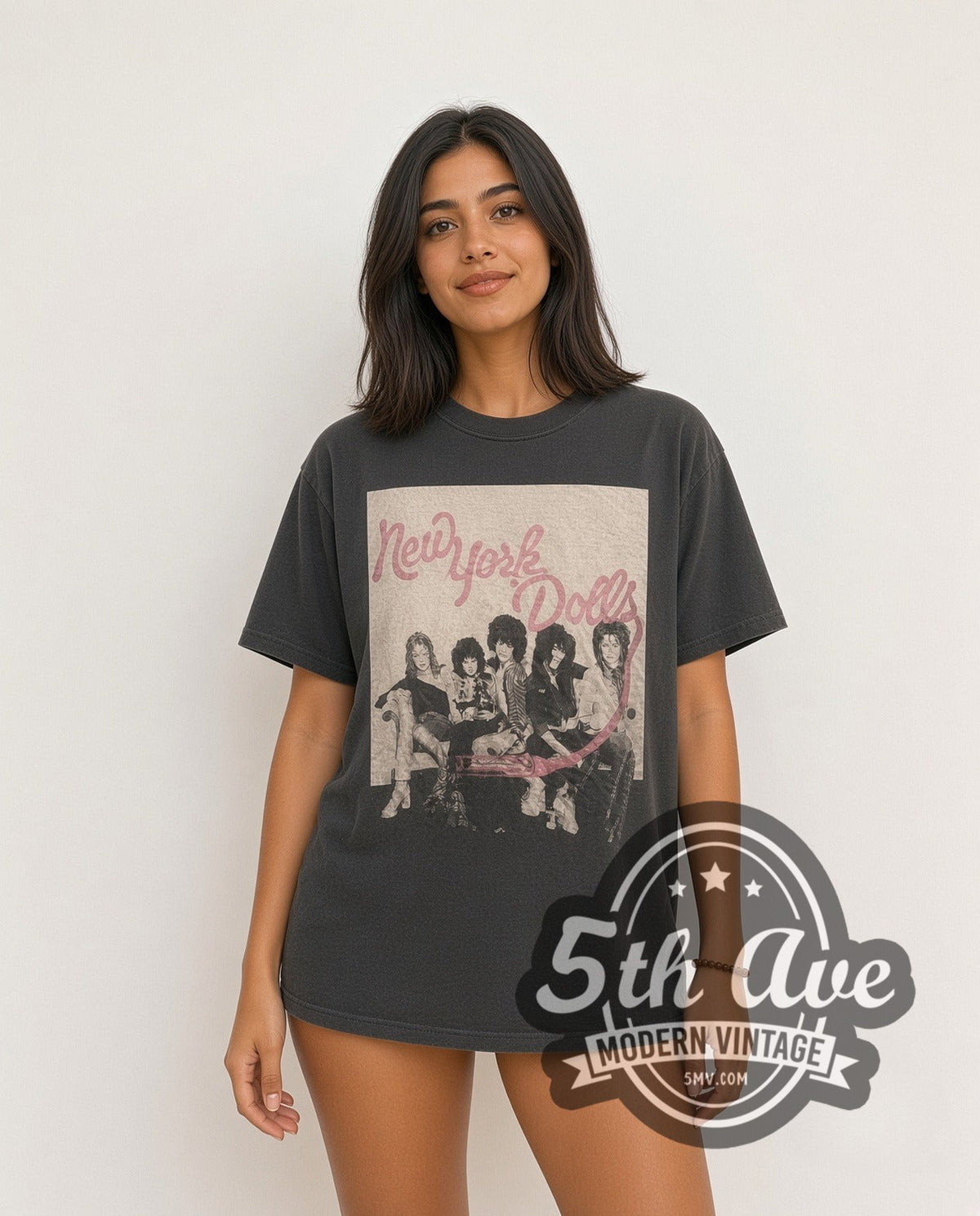 Model wearing the New York Dolls vintage band t-shirt