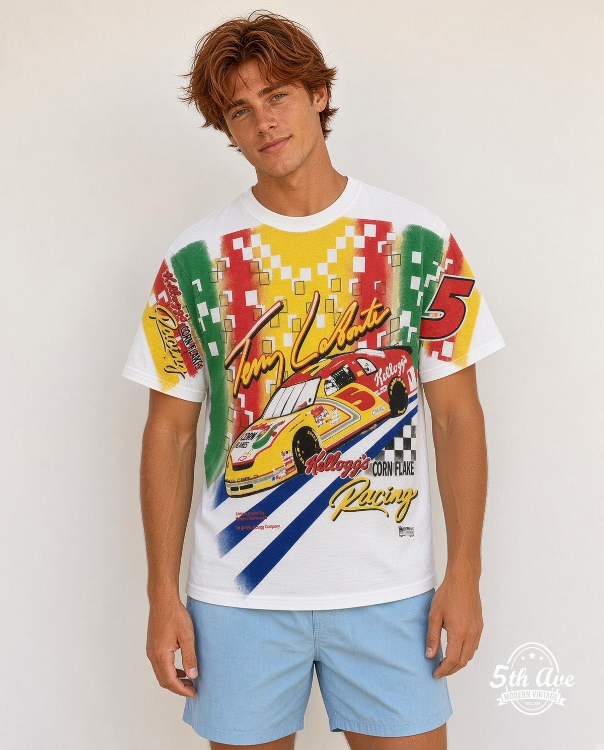Model wearing the NASCAR Terry Labonte #5 Kellogg's Corn Flakes all-over-print NASCAR t-shirt in white